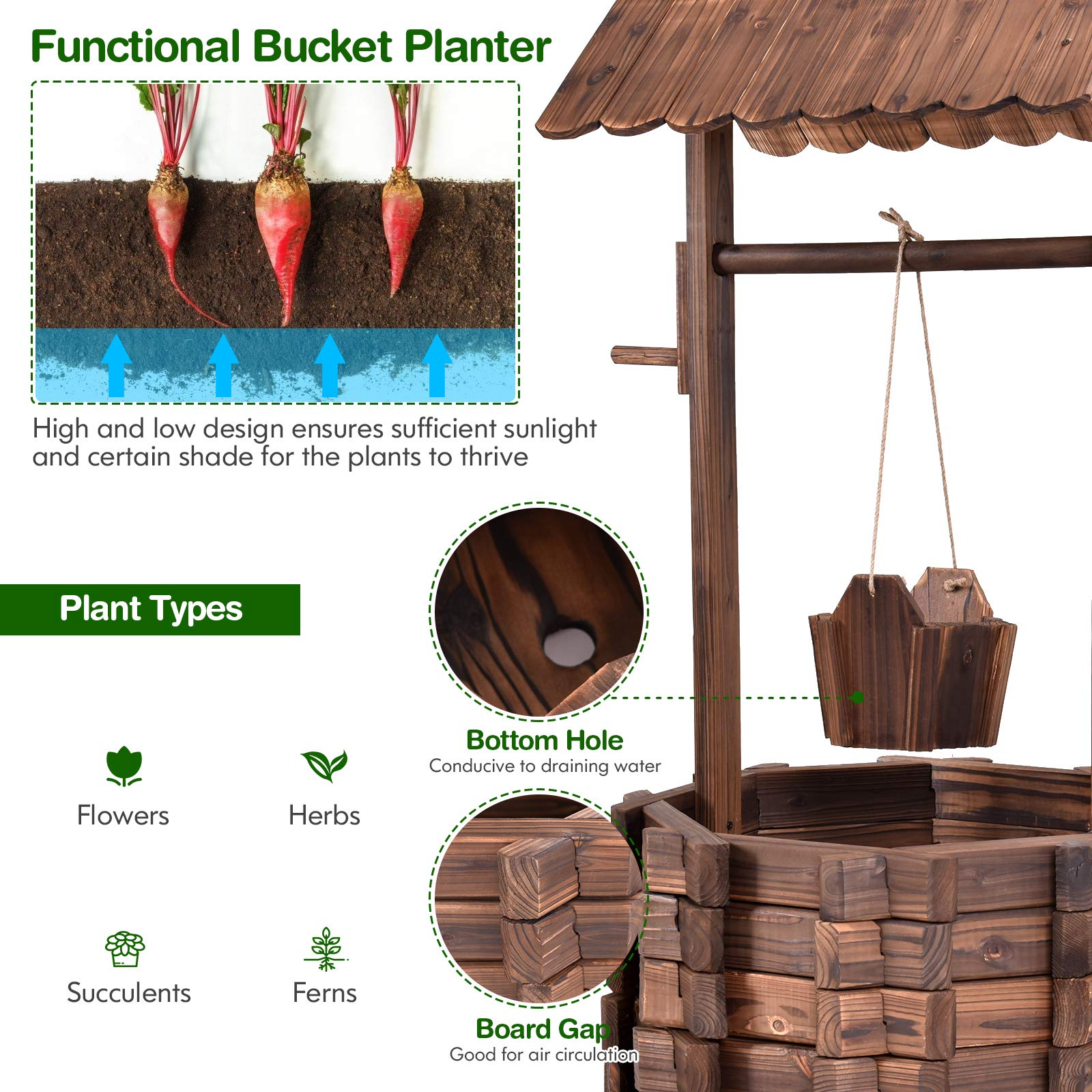 Giantex Outdoor Wooden Wishing Well with Hanging Bucket