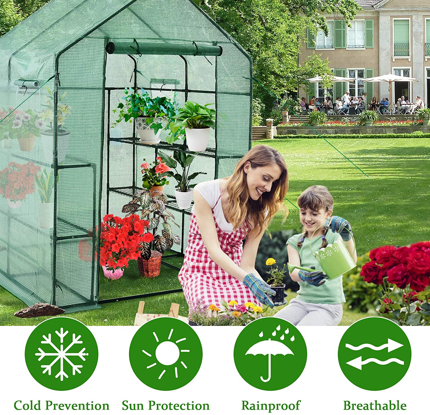 Walk-in Greenhouse, Gardening Plant Tent with Roll-Up Zippered Front Door