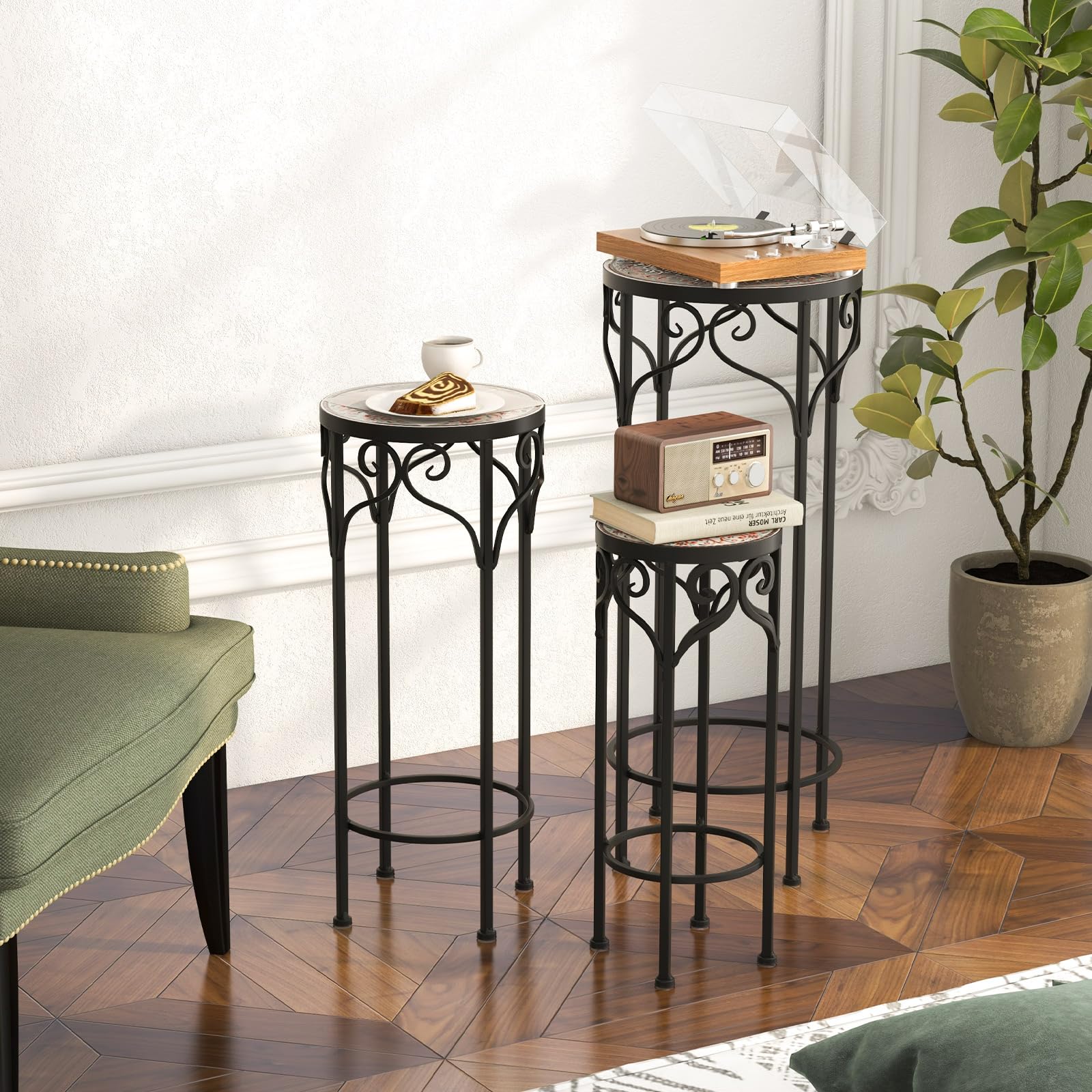 Giantex Metal Plant Stand Set of 3, 28" Mosaic Tall Flower Stand with Ceramic Top 