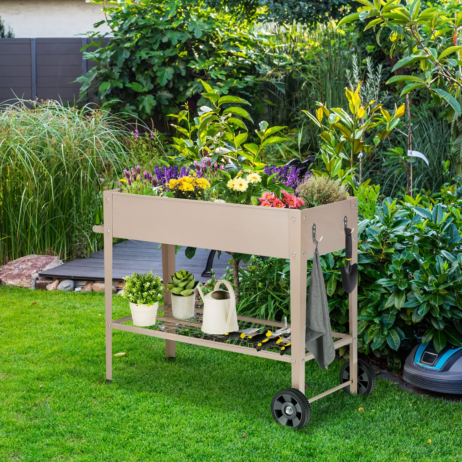 Giantex Raised Garden Bed with Legs, Metal Planter Box with Wheels, Storage Shelf (Light Brown) 
