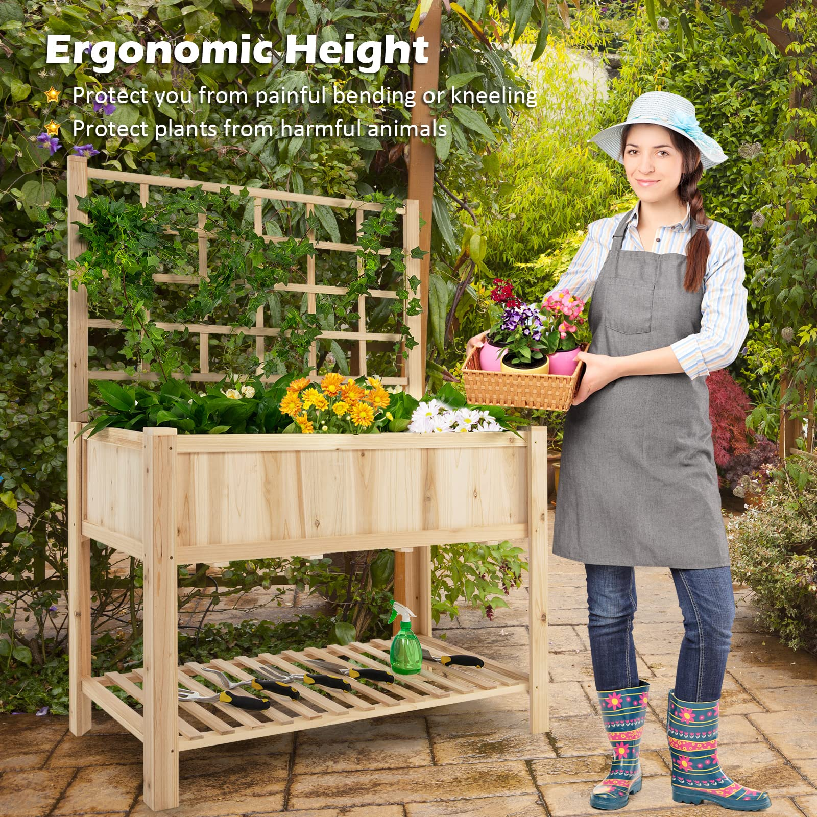 Giantex Wood Planter with Trellis, Standing Raised Garden Bed 
