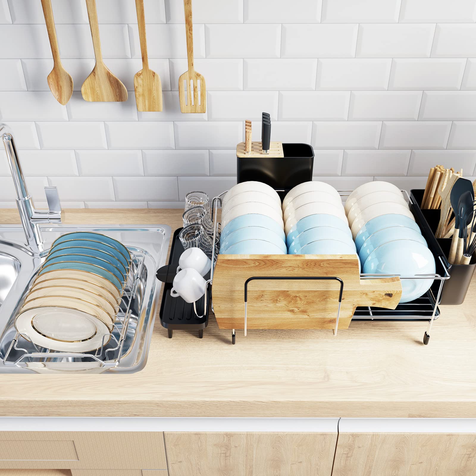 Giantex Dish Drying Rack, 2-Tier Dish Rack with Drainboard and Adjustable Swivel Spout 