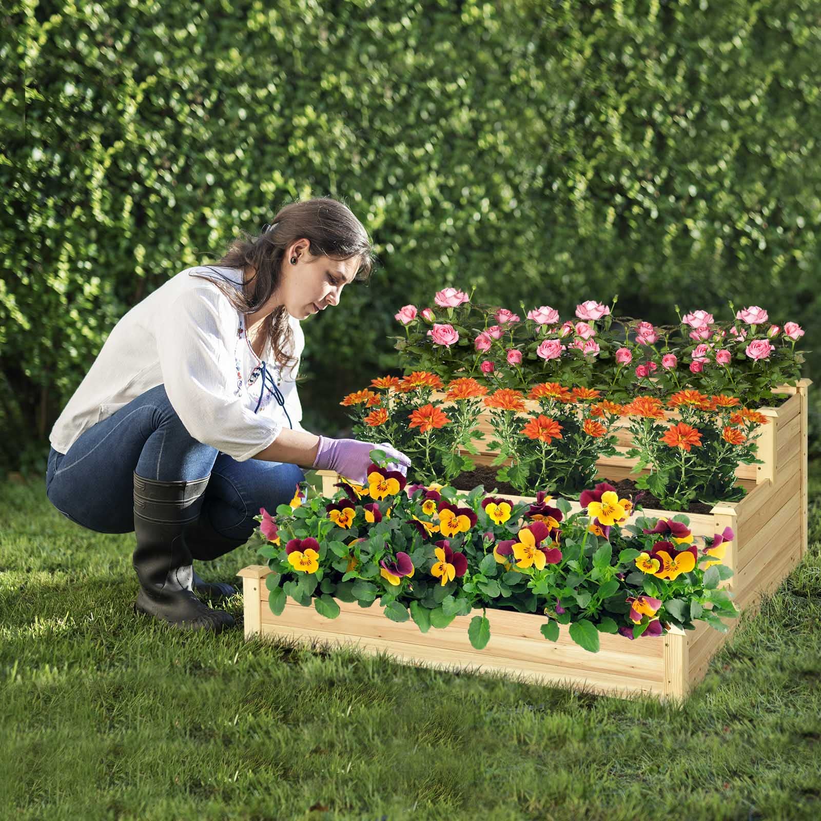 Giantex 3 Tier Raised Garden Bed, Wood Planter Box 48 x 48 x 22 Inch Vegetable Flower Herb Fruit Growing Bed Kit 