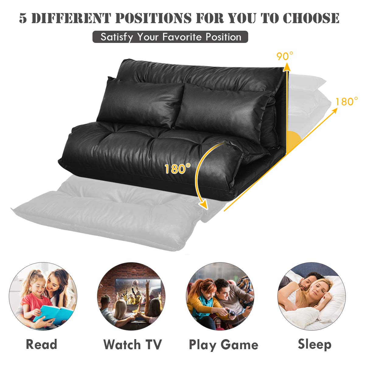 Giantex Floor Sofa PU Leather Leisure Bed Video Gaming Sofa with Two Pillows, Black 