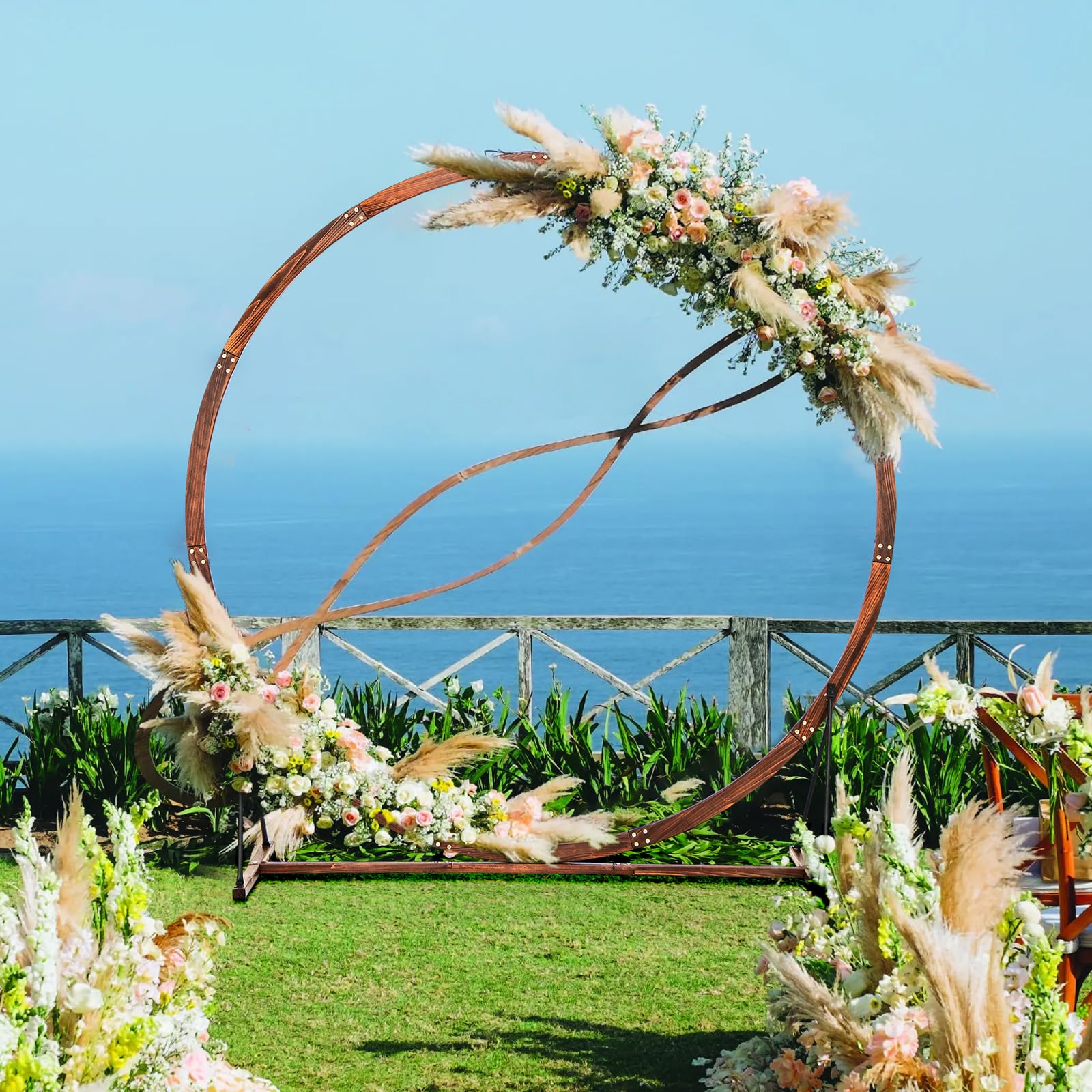 Giantex Wooden Wedding Arch for Ceremony, 7.4 FT Round Solid Wood Arbor for Wedding Backdrop Stand