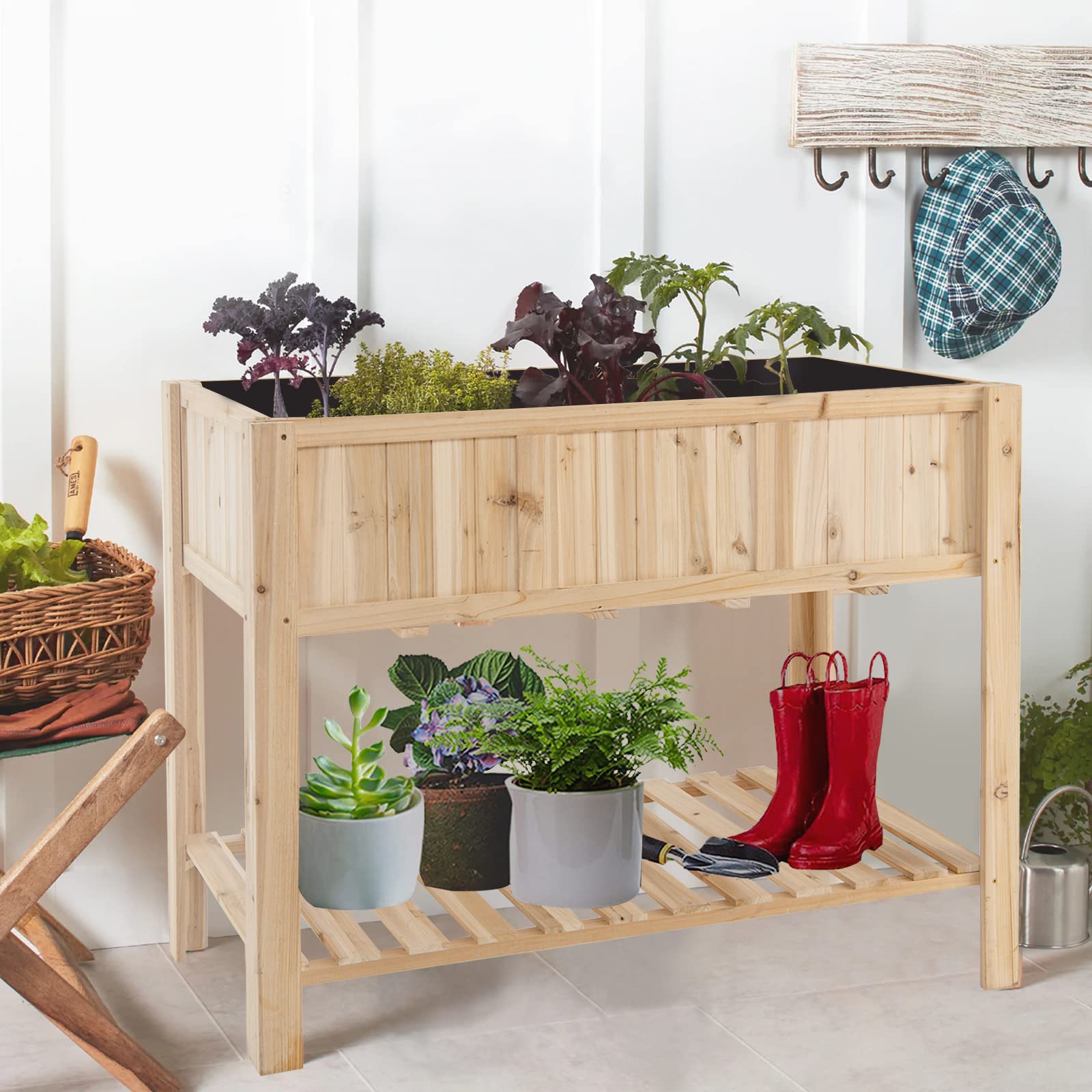 Giantex Raised Garden Bed, Wooden Planter, Black Liner 