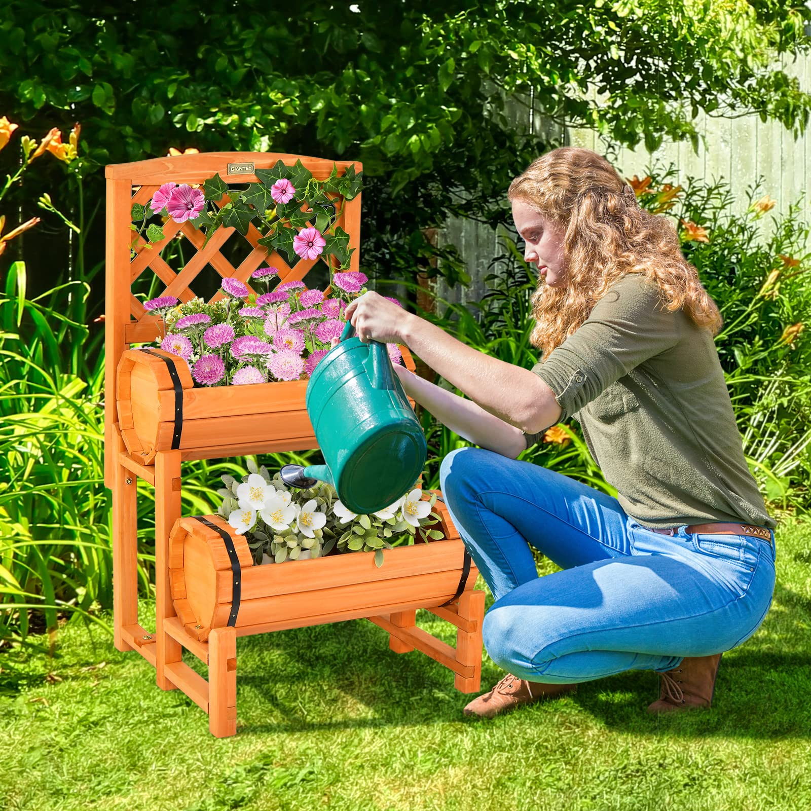 Giantex Raised Garden Bed with 2 Barrel Planters & Trellis, 2-Tier Freestanding Wooden Raised Bed for Vegetable Flower Fruit 