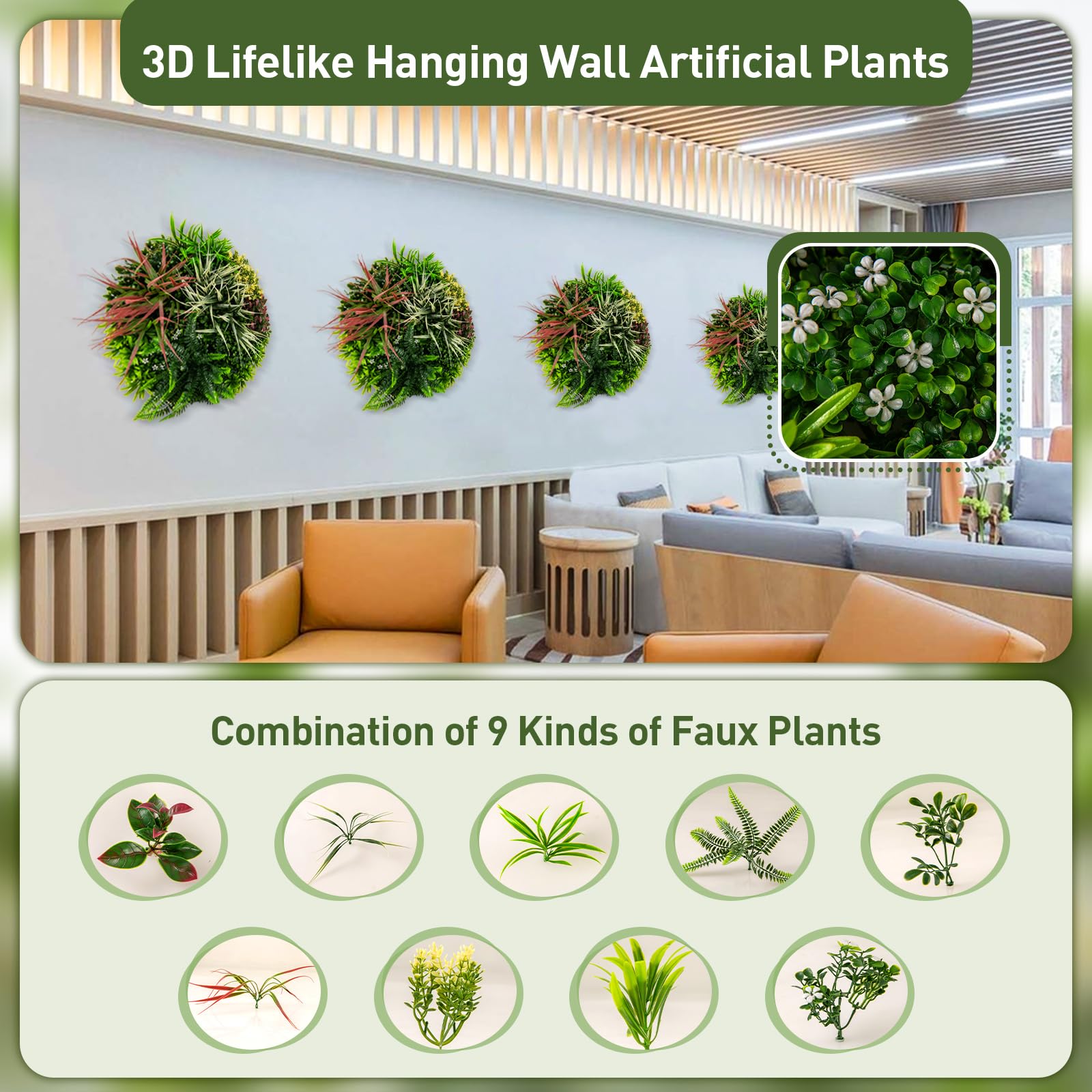 Giantex 2 Pack Hanging Artificial Plants Panels, 20" Round Framed 3D Greenery Wall Art Decor 