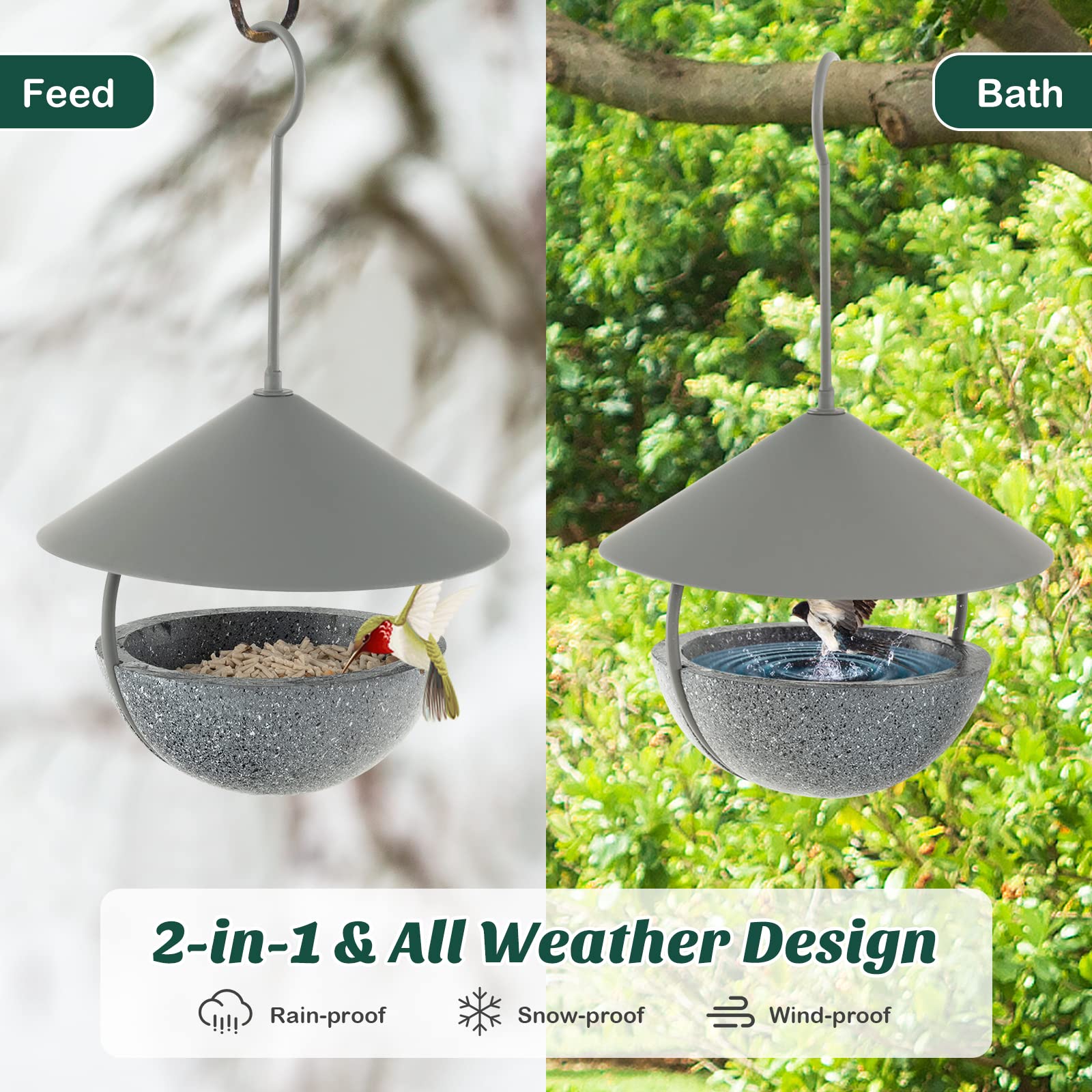 Giantex Bird Feeder, Hanging Wild Bird Feeder Bath with Removable Resin Feed Bowl and Waterproof Metal Roof 