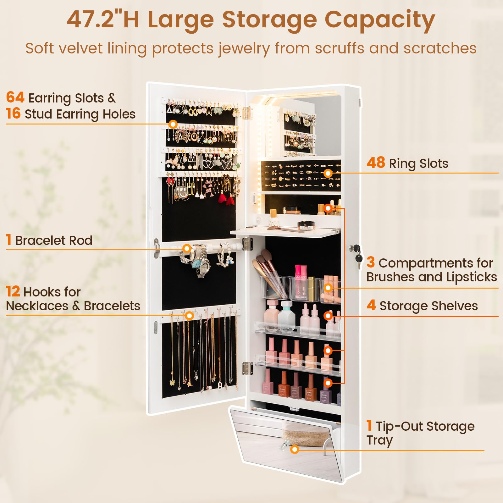 CHARMAID Jewelry Cabinet Wall Mounted, 47.2" Full Length Mirror, Lockable Jewelry Armoire with Tip out Storage Drawer 