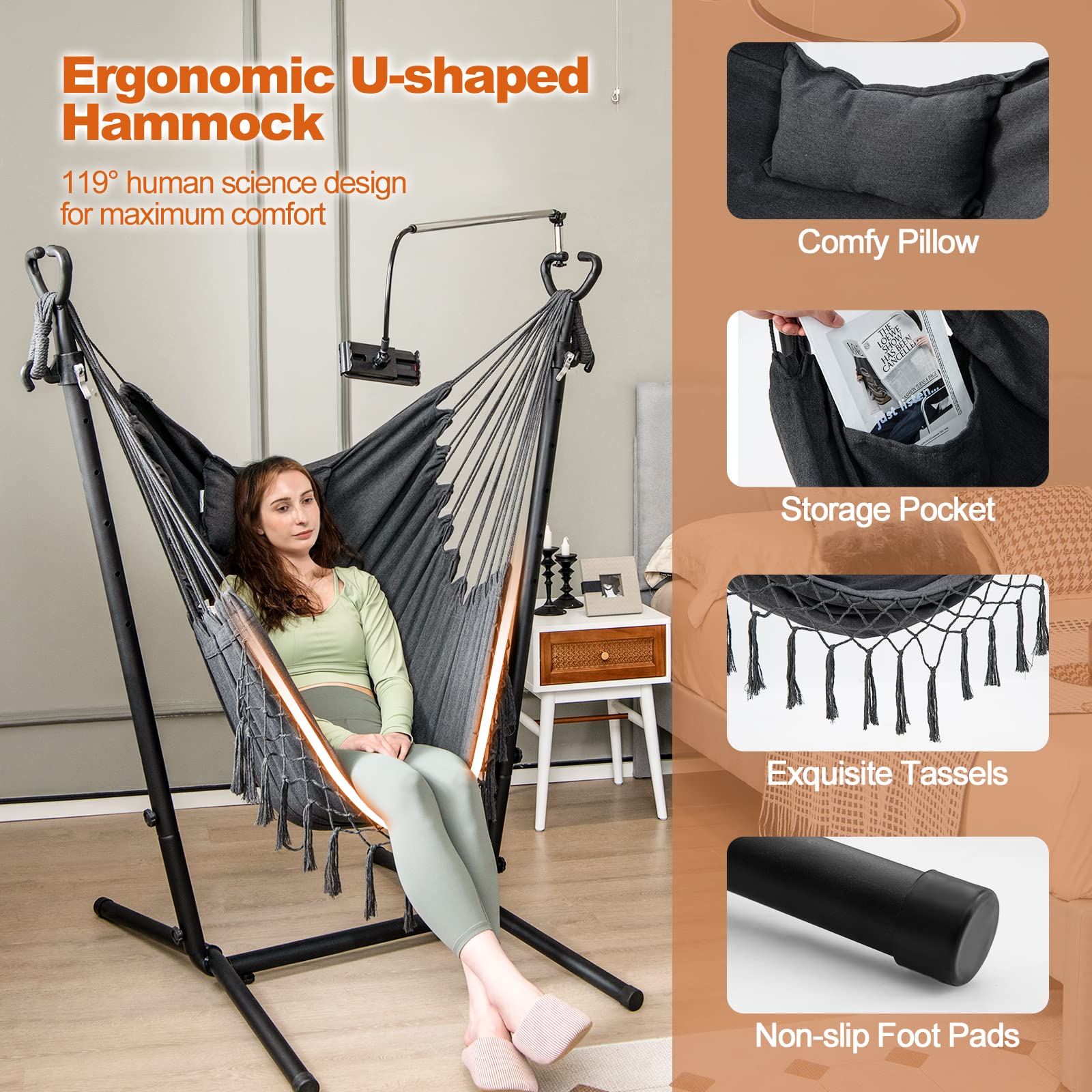 Giantex Hanging Swing with Stand - Hammock Chair with Phone Holder 