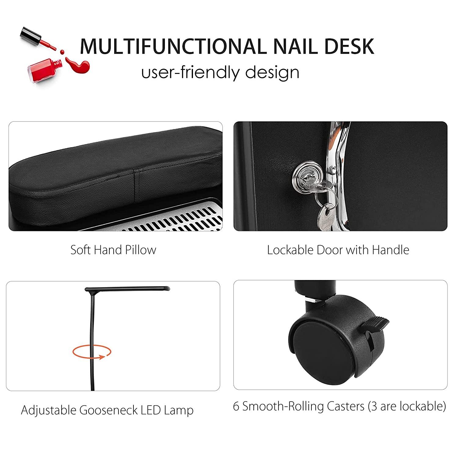 Nail Desk Manicure Table Steel Frame Nail Tables for Technician (Pure Black) 
