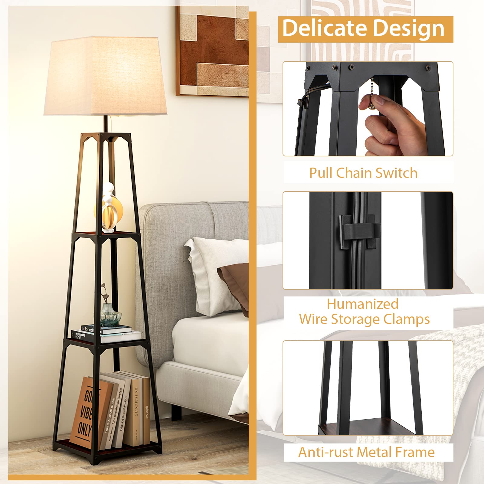 Giantex Shelf Floor Lamp - 3-Tier 63" Tall Modern Corner Standing Lamp with Linen Lampshade 