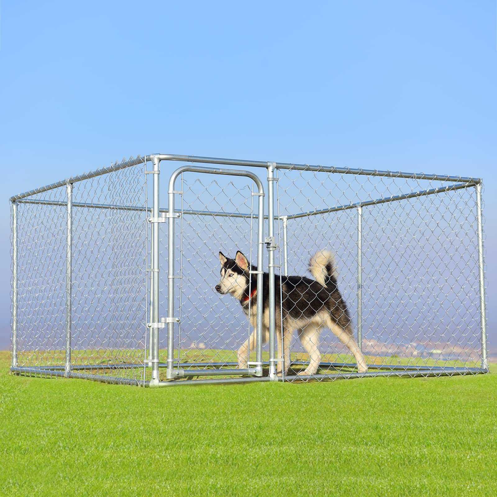 Giantex Outdoor Dog Kennel with Roof, 7.5ft Dog Fence with Door and Waterproof Cover 