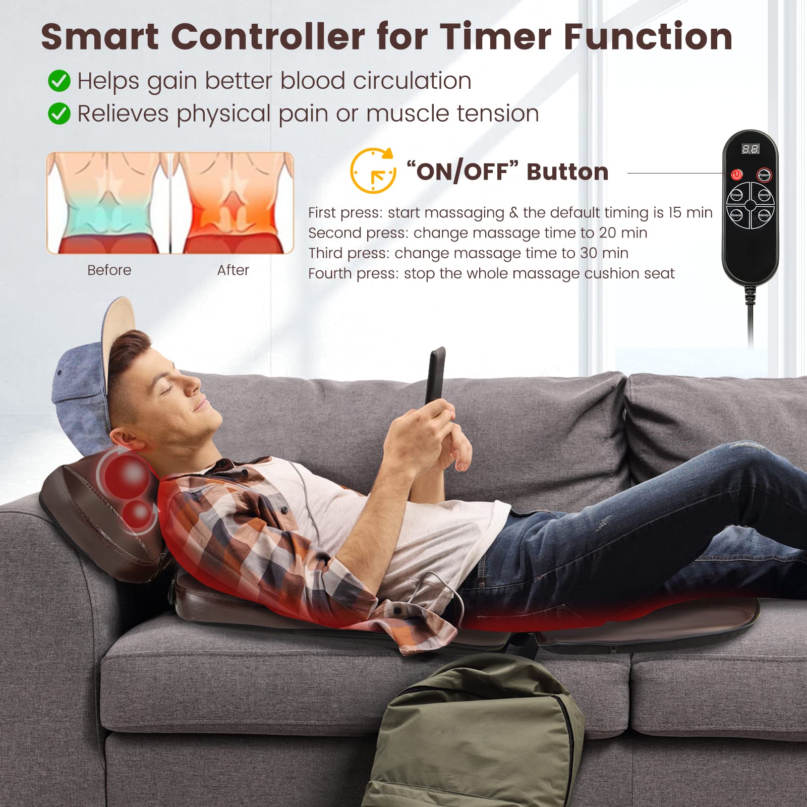 Giantex Back Massager Chair Pad - Chair Massager with Adjustable Neck Pillow, 3 Speeds & 3-Level Timer, Brown 