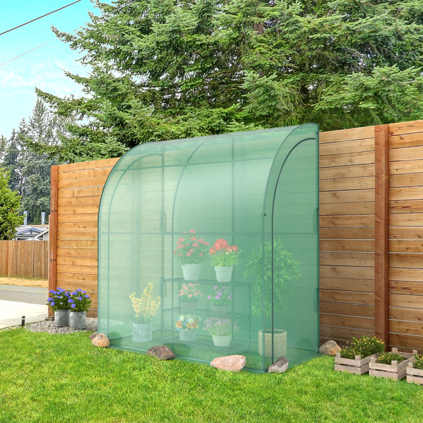 Giantex Walk-in Lean-to Greenhouse - with 3-Tier Plant Stand, 7’x 3.5’x 7’ Green House, PE Grid Cover 