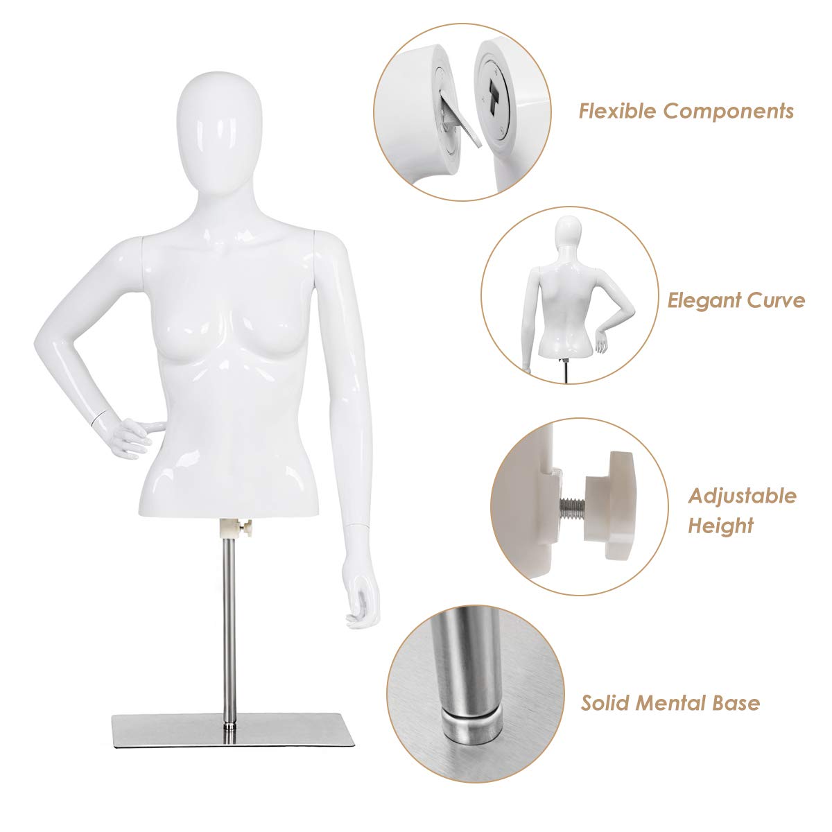 Female Mannequin Torso Adjustable Height Detachable Arms Dress Form 