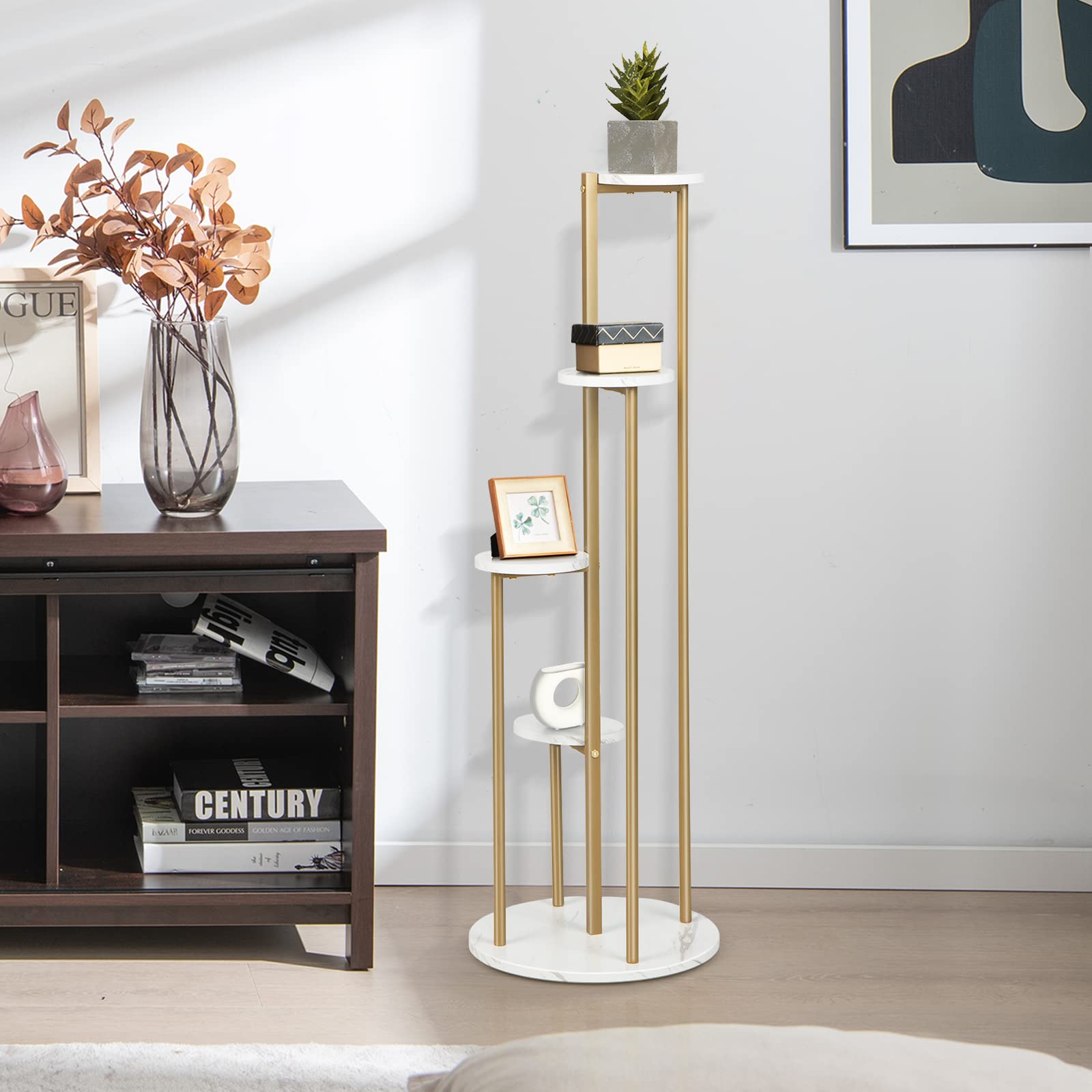 Giantex 4 Tier Plant Stand Indoor, Tall Plant Shelf with Marble Texture for Multiple Potted Plants, Tiered Metal Plant Holder Flower Display Rack for Living Room Balcony Porch 