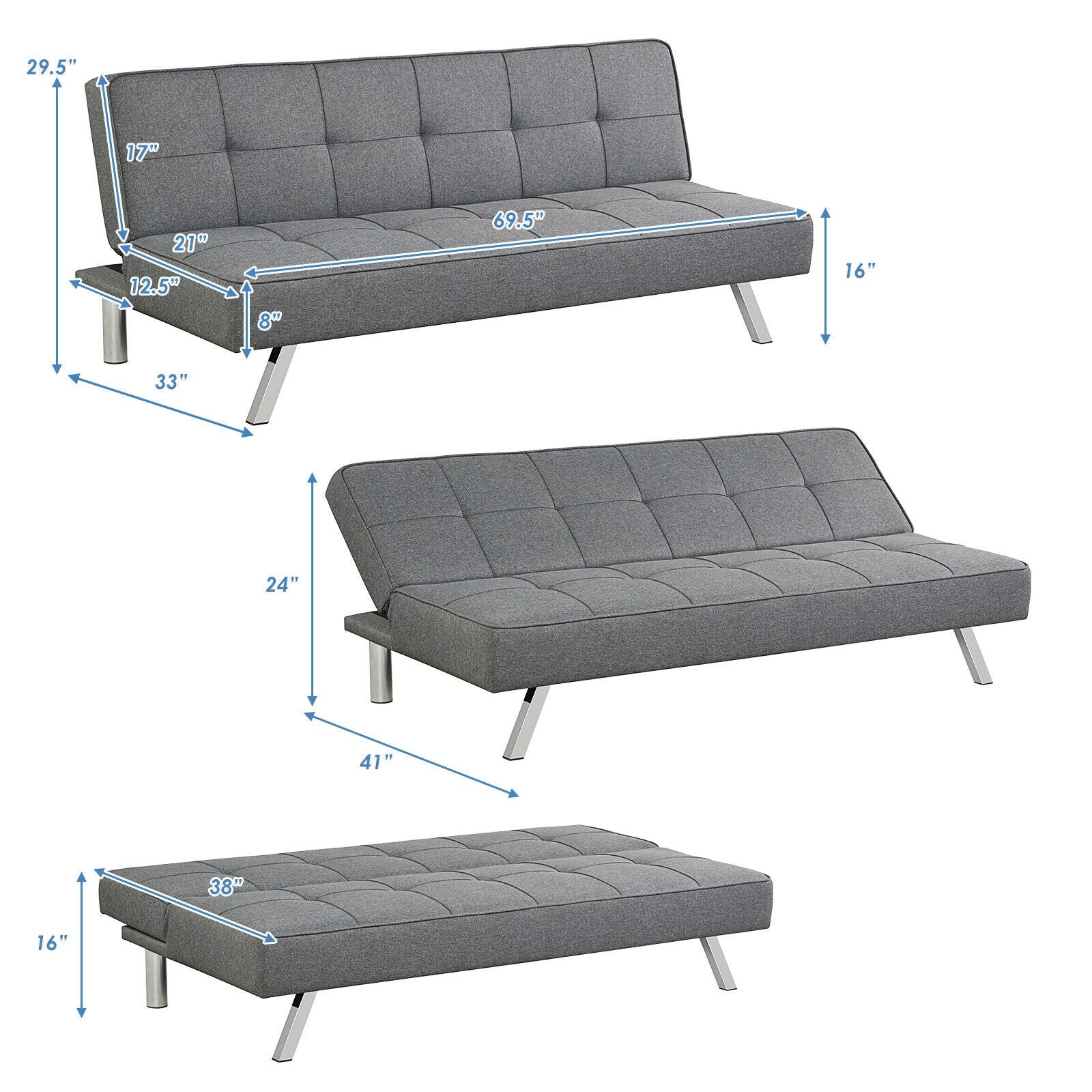 Giantex 3-Seat Convertible Sofa Bed, Sofa Bed w/ 3 Adjustable Angles 