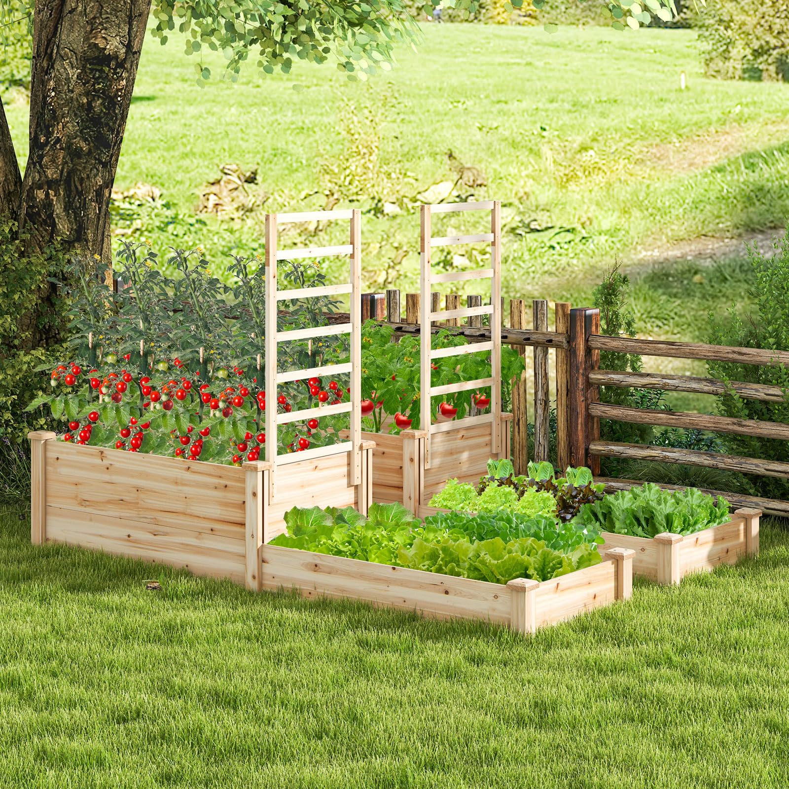 Giantex Raised Garden Bed with Trellis, Set of 2 Wood Shallow & Deep Planter Box for Climbing Plants 