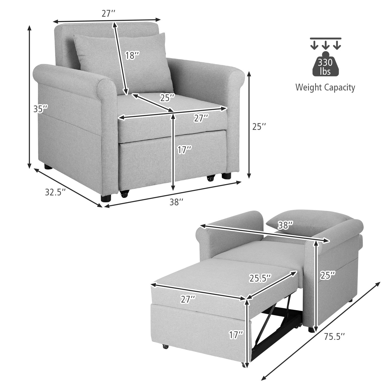 Giantex Convertible Sofa Sleeper - 3-in-1 Pull-Out Chair Bed, Adjustable Recliner Backrest 