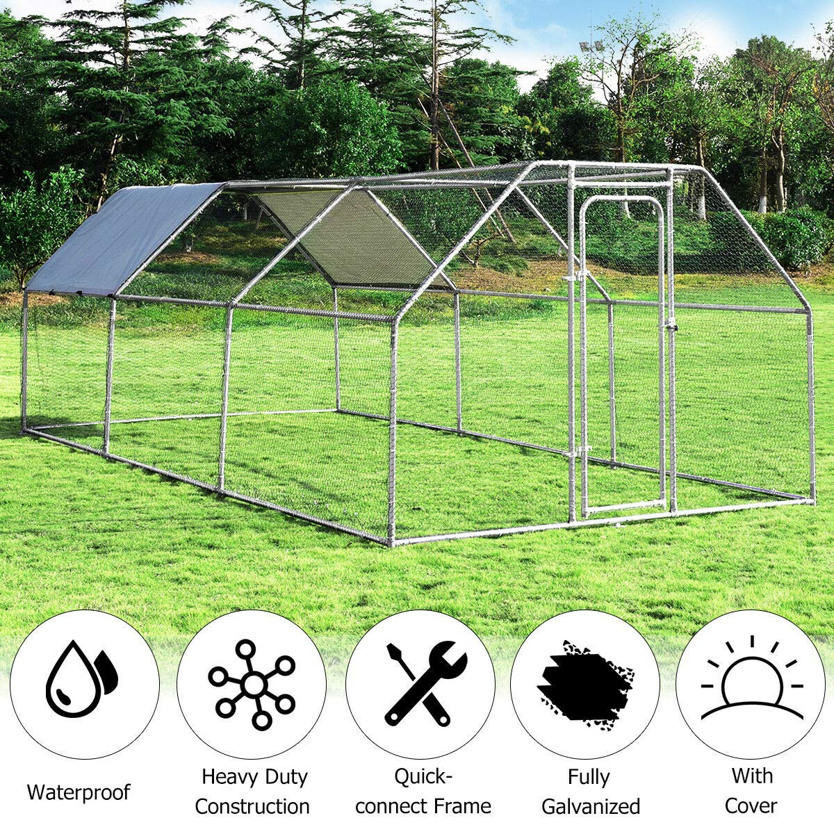 Giantex Large Metal Chicken Coop Walk-in Chicken Coops Hen Run House Shade Cage with Waterproof and Anti-Ultraviolet Cover for Outdoor Backyard 