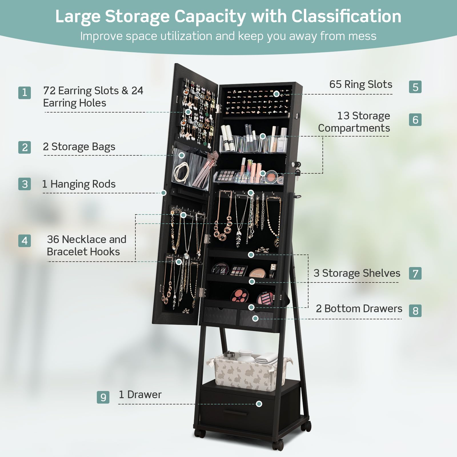 CHARMAID Rolling Jewelry Cabinet with Full Length Mirror