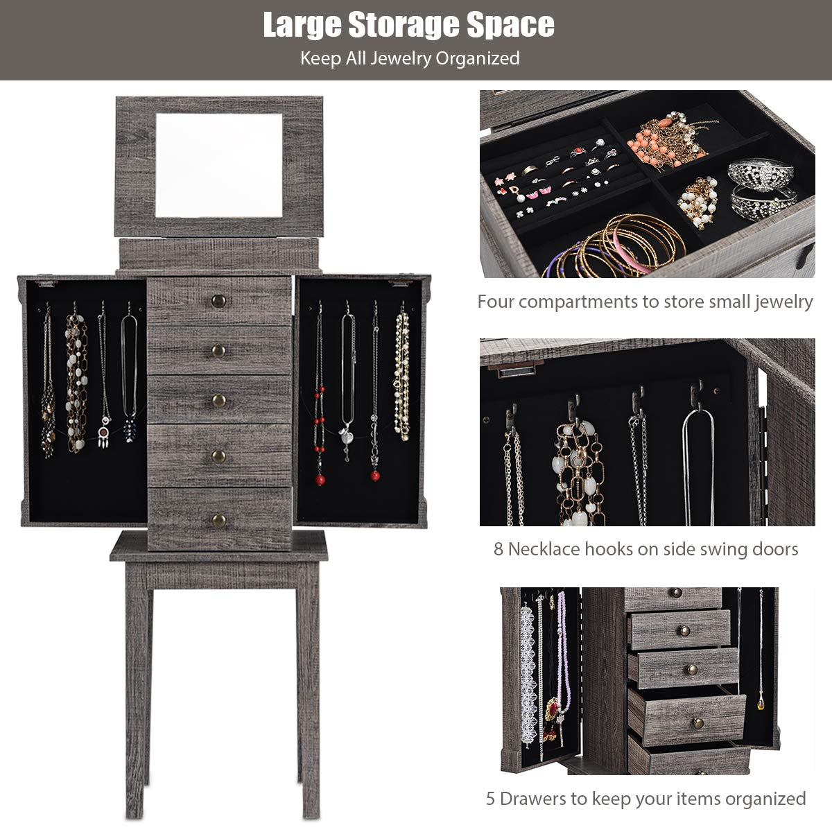 CHARMAID Jewelry Cabinet Armoire with 5 Drawers 