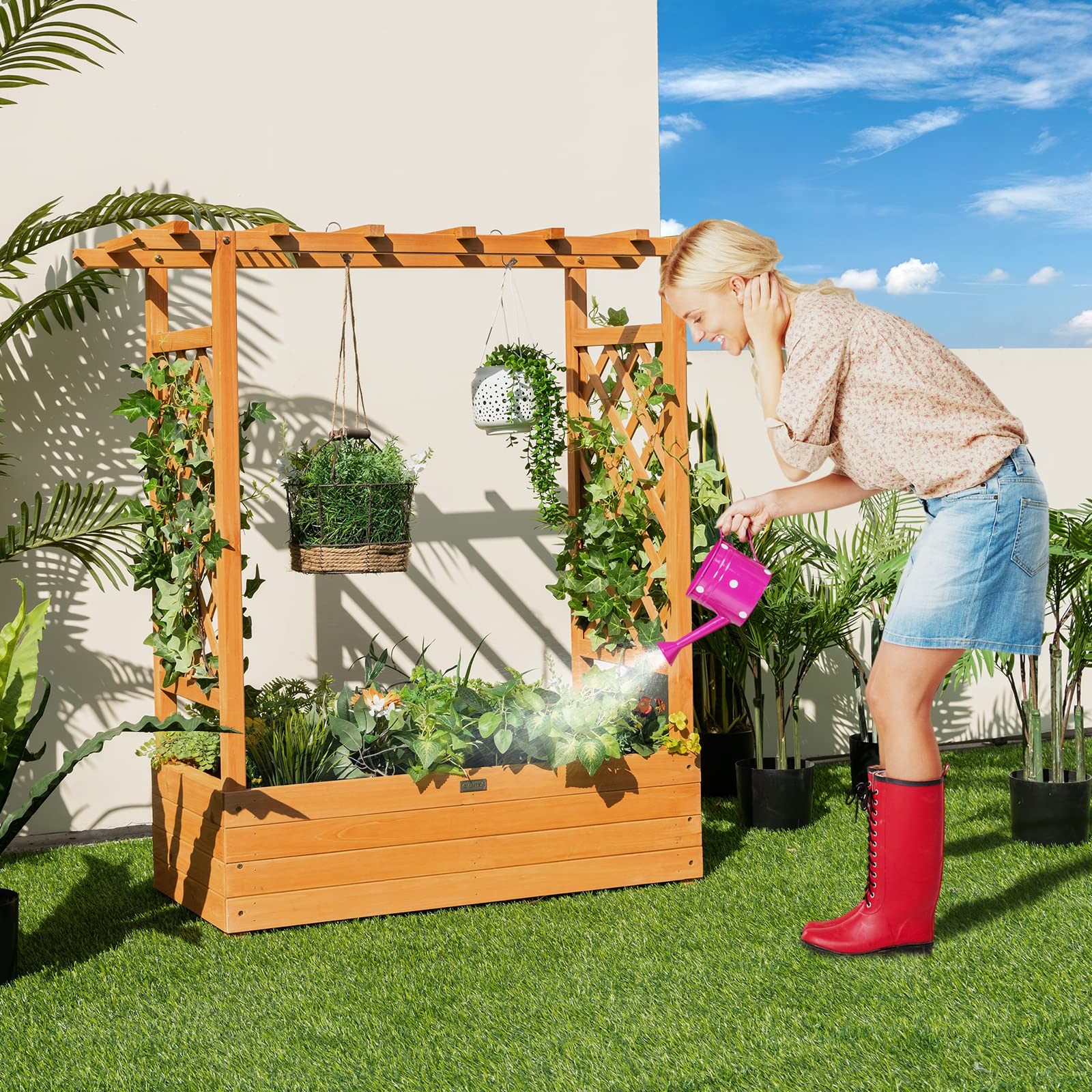 Giantex Raised Garden Bed with Trellis, Wood Planter Box with Roof & Side Trellis, Drain Holes 