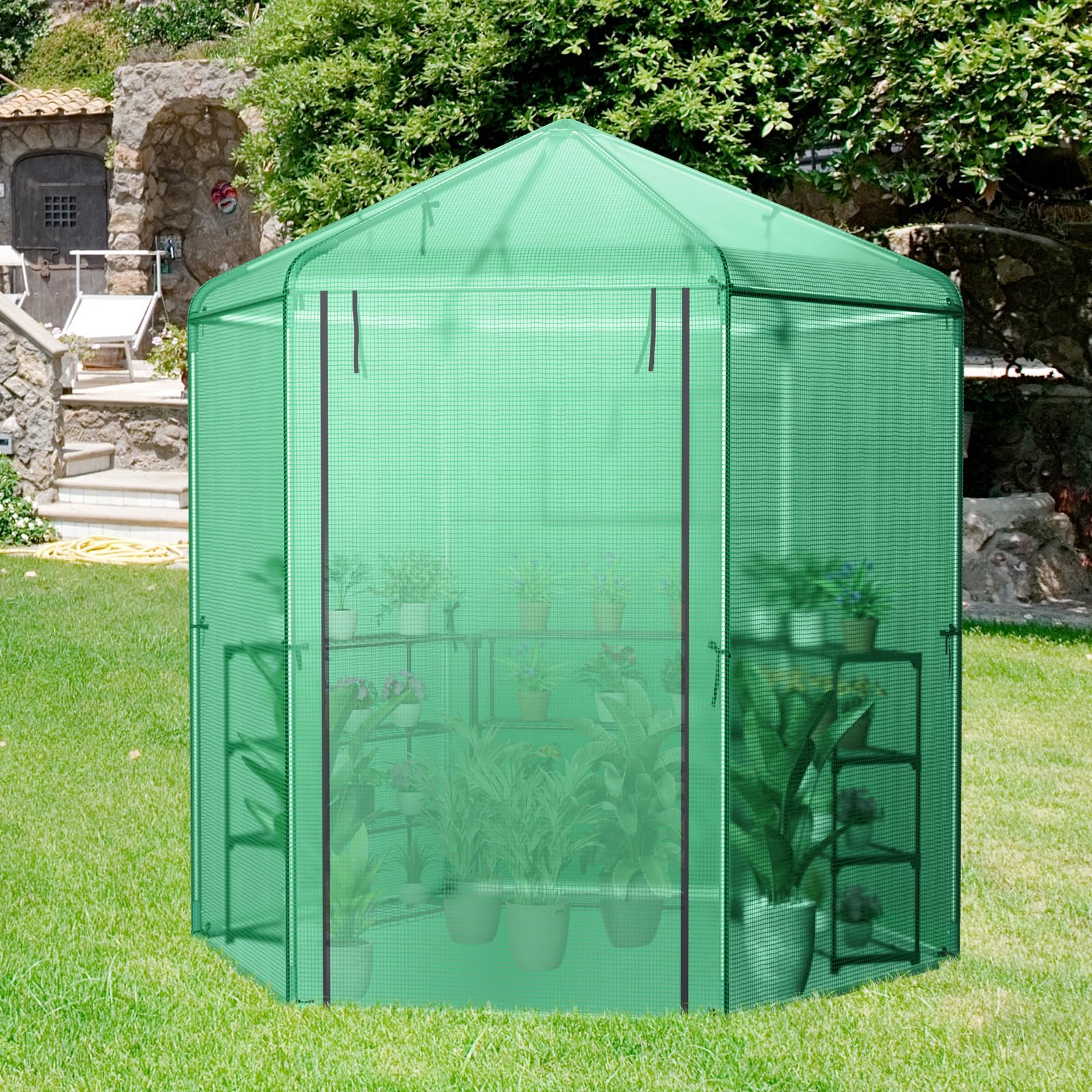 Giantex 7 x 6 x 7.5 FT Greenhouse, Large Hexagonal Walk in Greenhouse Outdoor with Heavy-Duty Metal Frame 