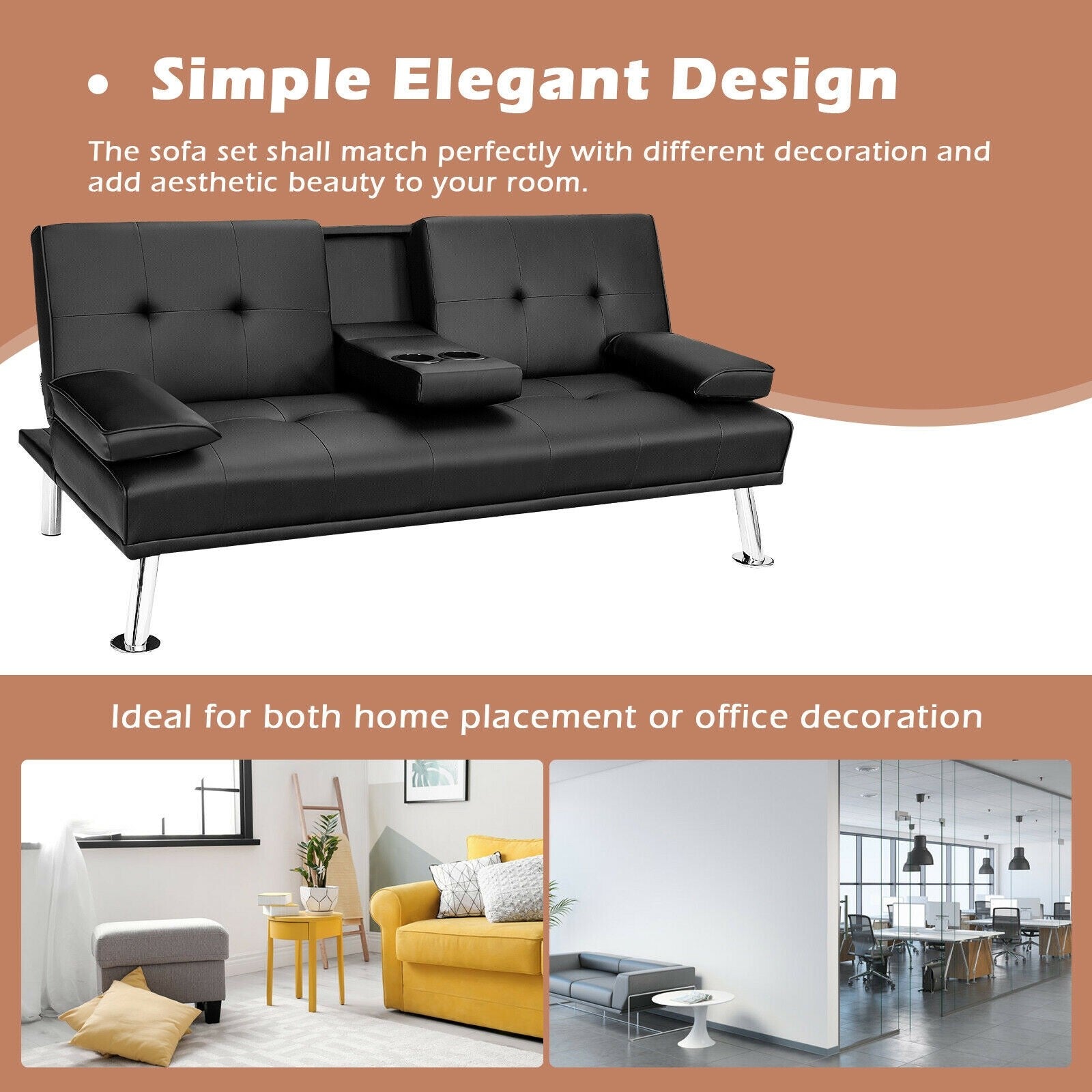 Giantex Modern Convertible Futon Sofa Bed,2 Cup Holders, Backrest Adjustable 