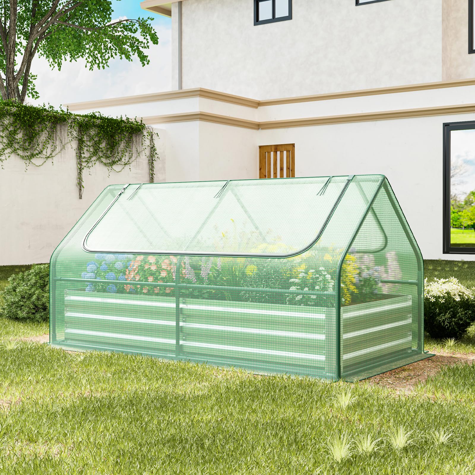 Giantex Galvanized Steel Raised Garden Bed with Mini Greenhouse, Outdoor Metal Planter Box Kit with Large Roll-up Cover 