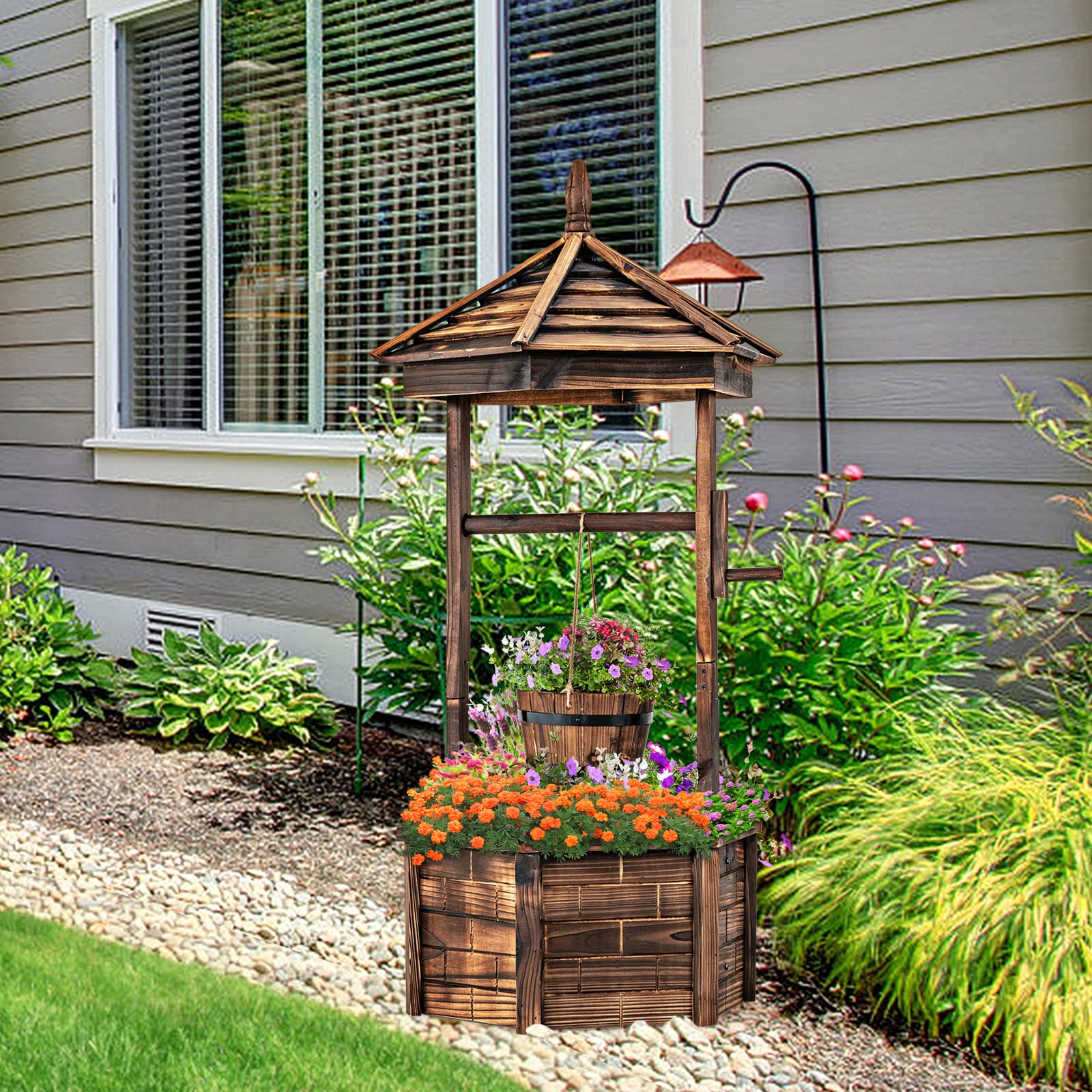 Giantex Rustic Wooden Wishing Well Planter with Hanging Bucket, Roof Shadow