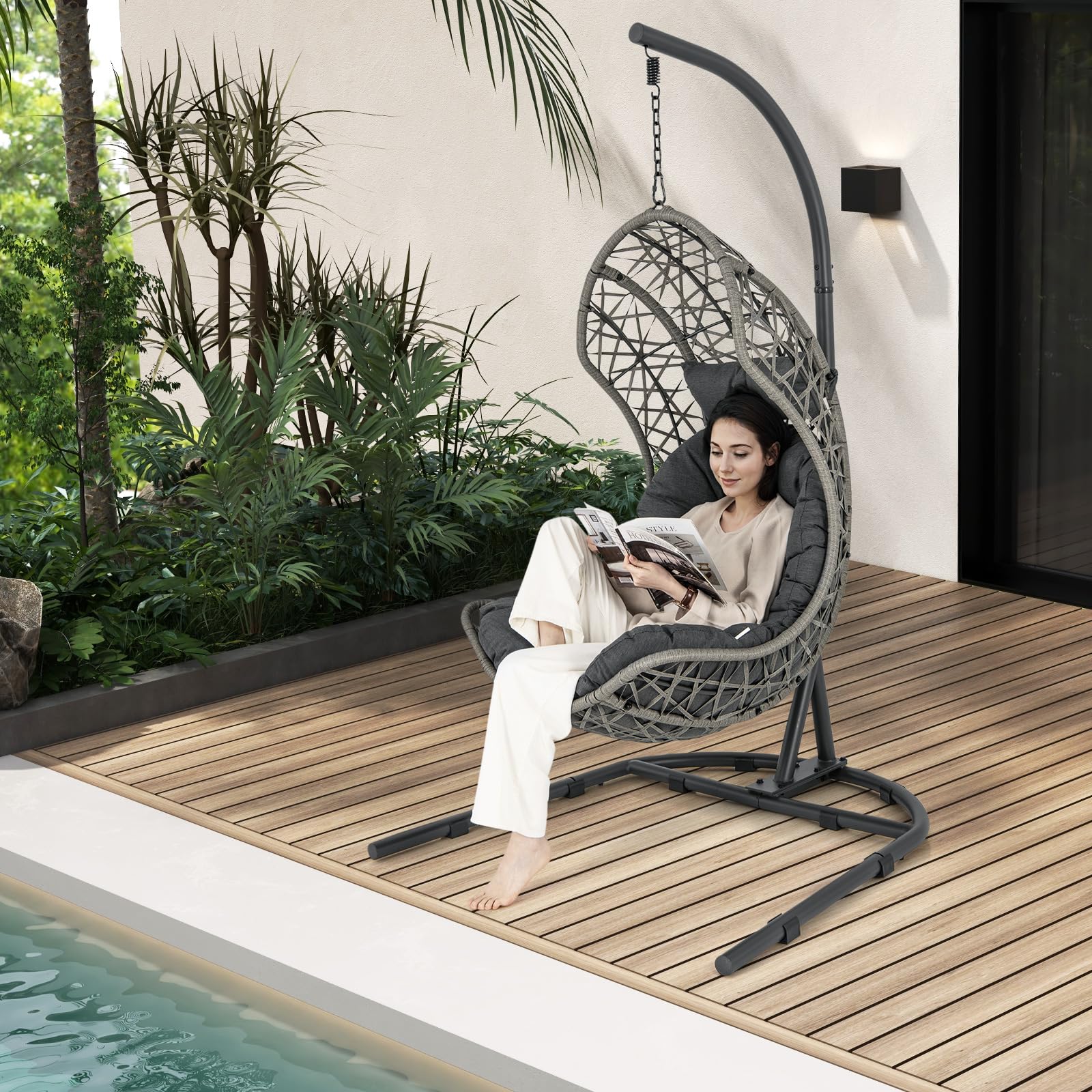 Giantex Swing Egg Chair Outdoor - PE Rattan Hammock Chair with Soft Pillow, Cushion, Metal Frame, Hanging Accessories 