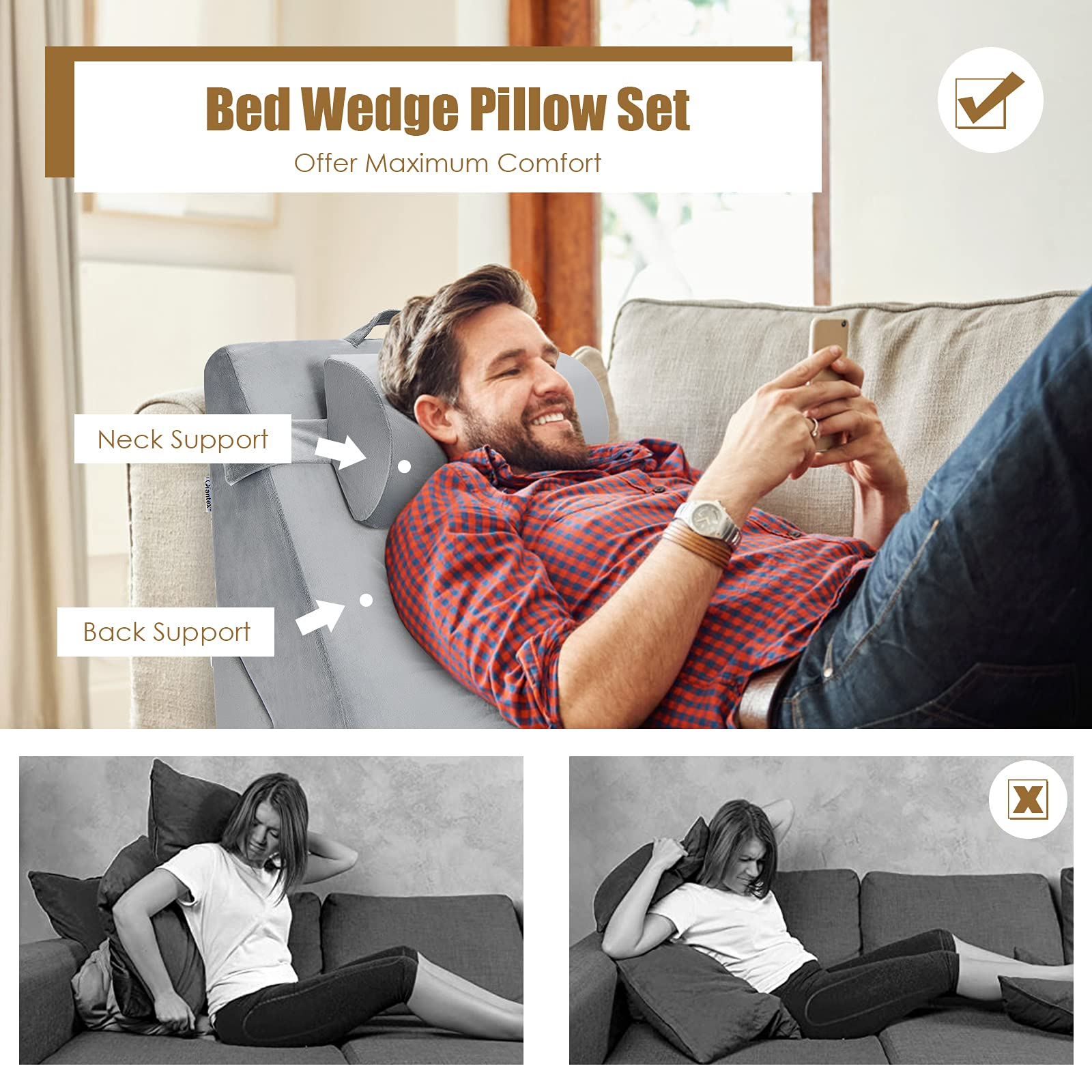 Giantex Wedge Pillow, Memory Foam Incline Pillows with Head Support 