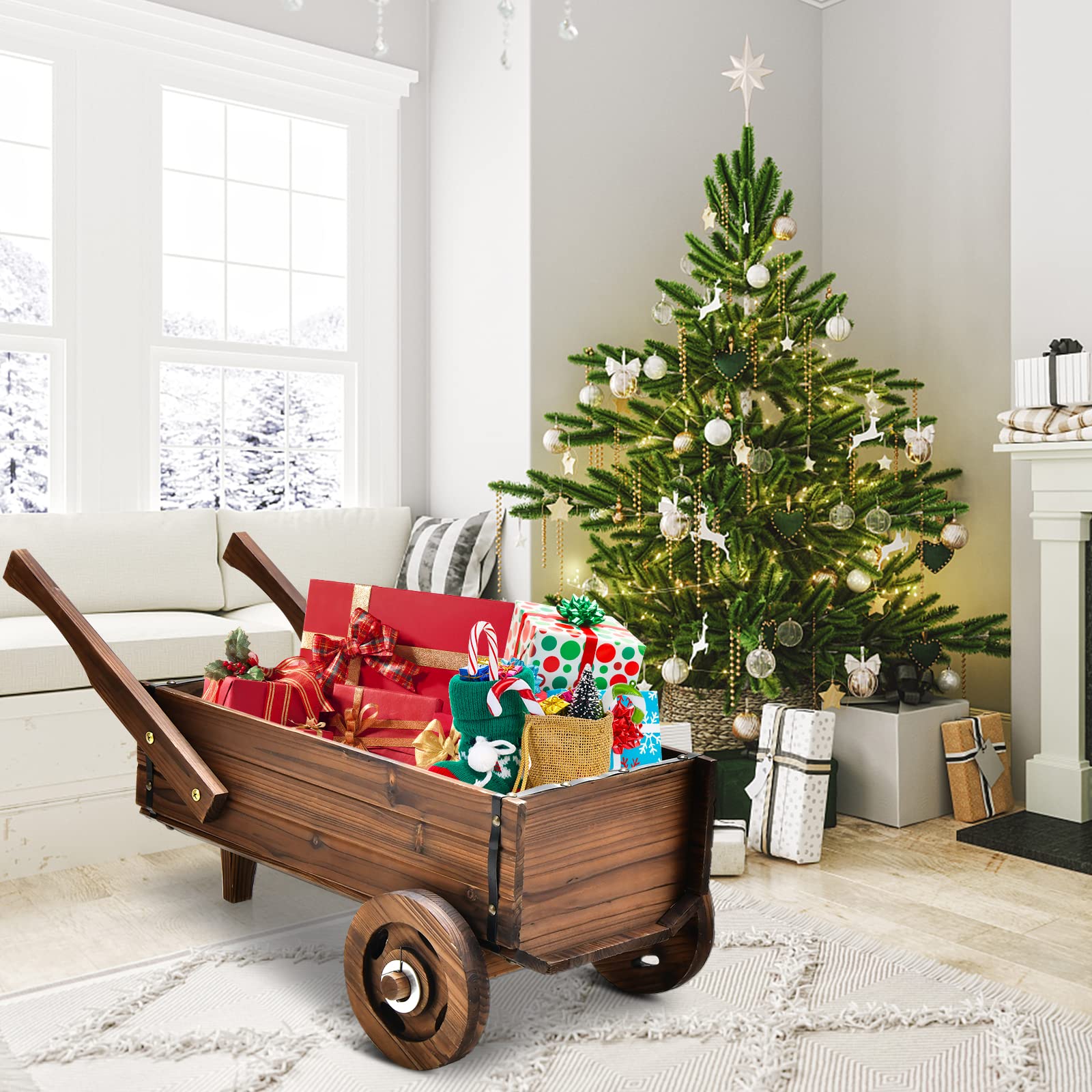 Giantex Wooden Wagon Planter Box, Decorative Wagon Cart with Wheels, Handles 
