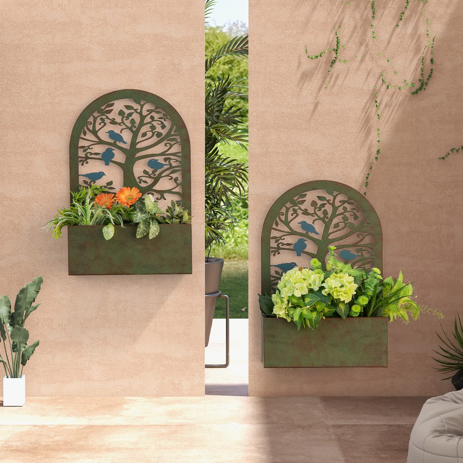 Giantex Raised Garden Bed Set of 2 - Wall-Mounted & Freestanding Decorative Planter Boxes with Trellises 