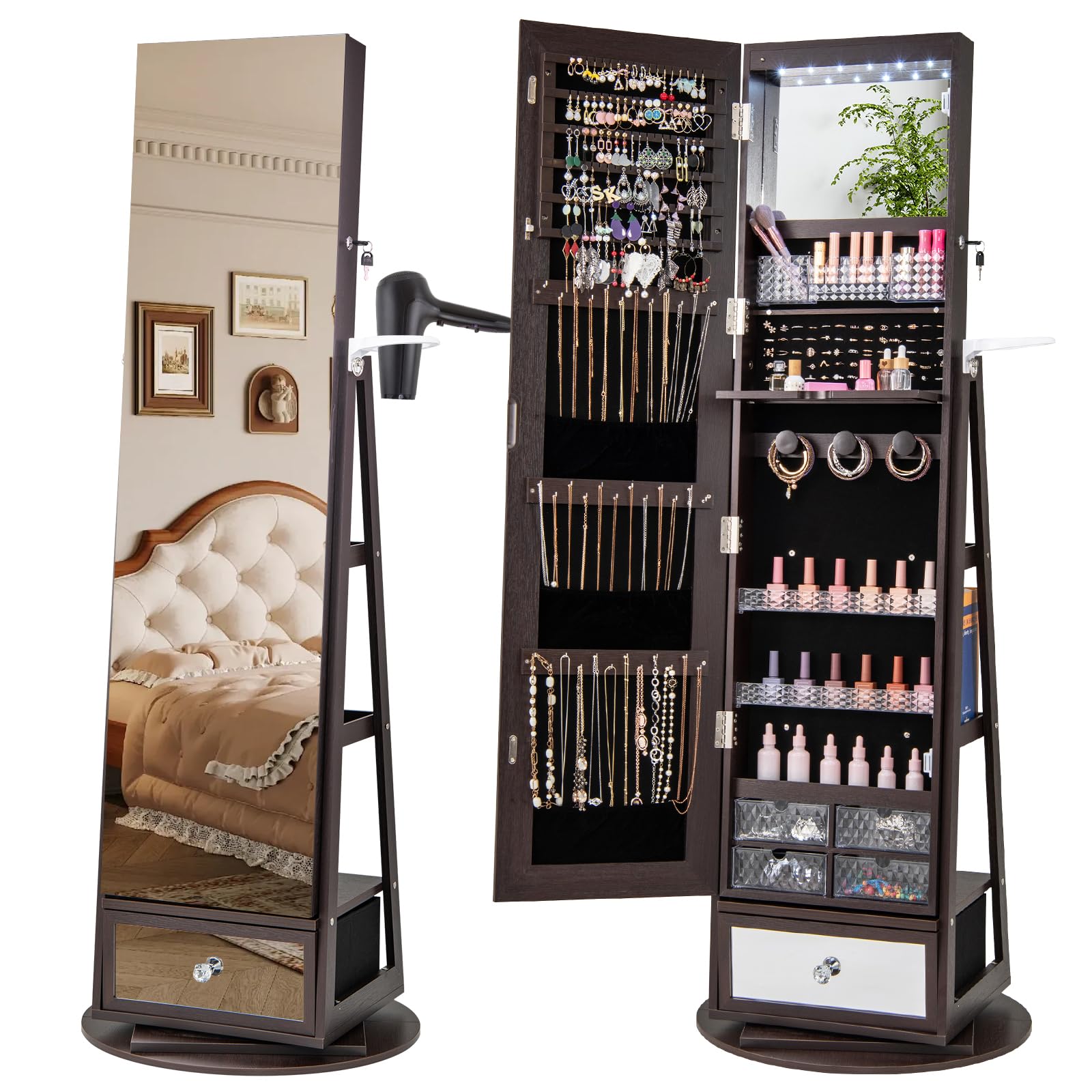 CHARMAID 360° Swivel Jewelry Cabinet Armoire 64.5" H, Full Length Mirror with Jewelry Storage, 6 LEDs Lockable Jewelry Organizer