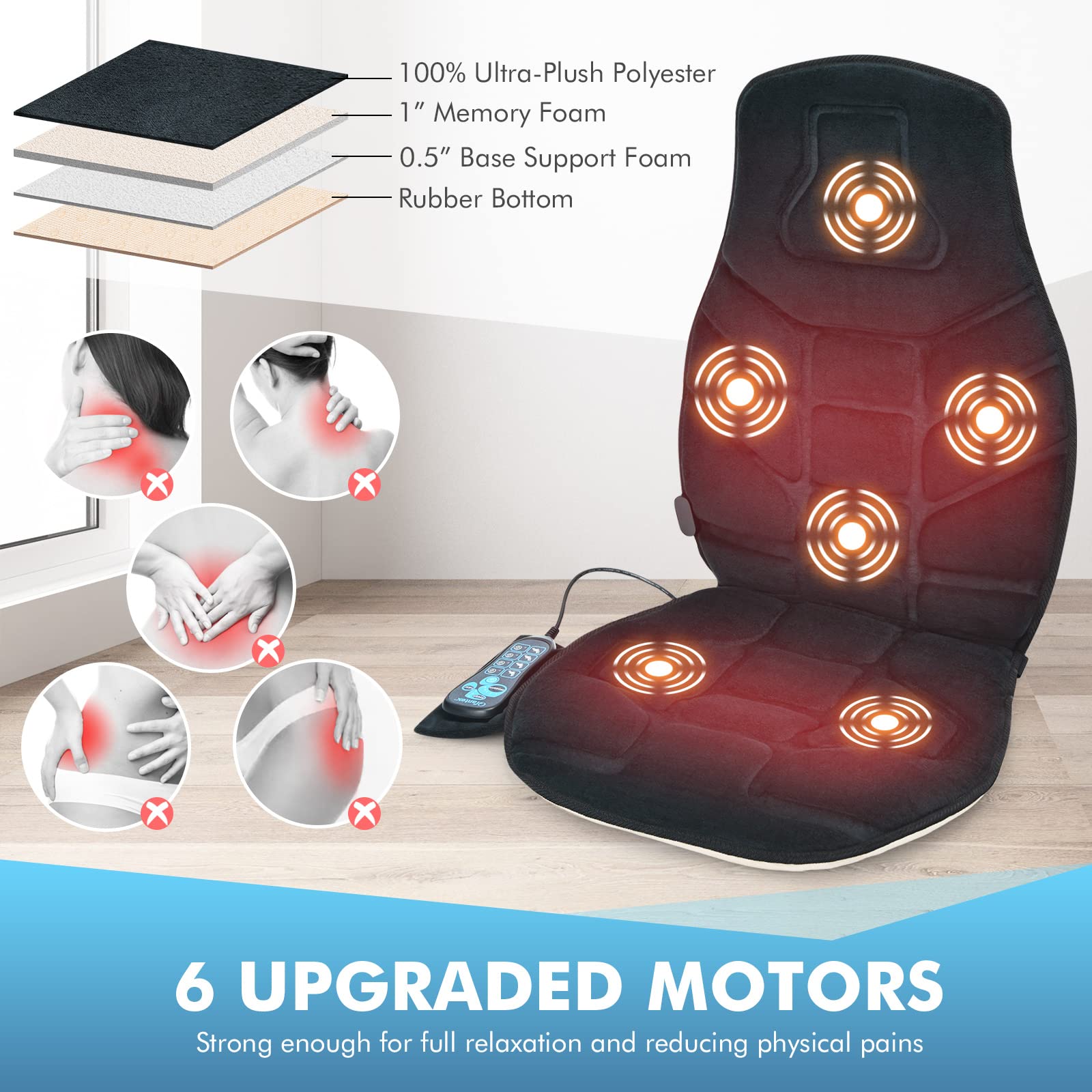 Giantex Memory Foam Massage Seat Cushion, Back Massager with 6 Vibration Massage Nodes & 2 