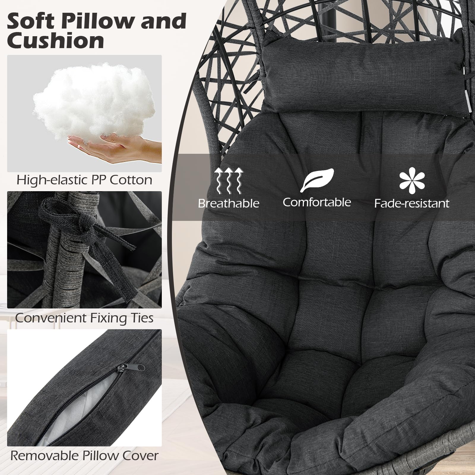 Giantex Swing Egg Chair Outdoor - PE Rattan Hammock Chair with Soft Pillow, Cushion, Metal Frame, Hanging Accessories 