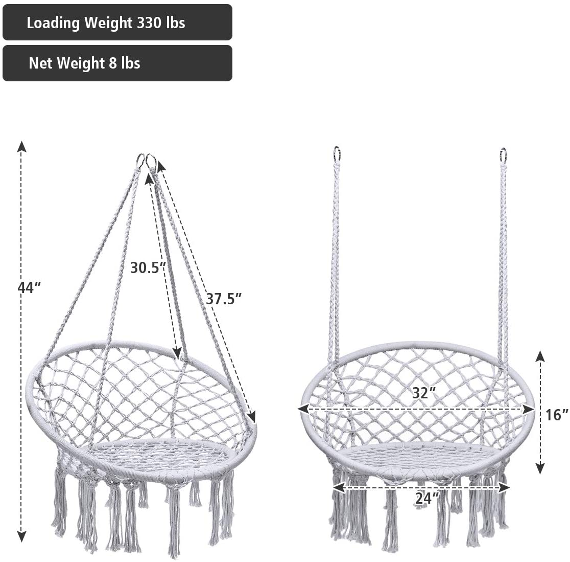 Hanging Hammock Chair, Macrame Hanging Chair 330 Pounds Capacity 