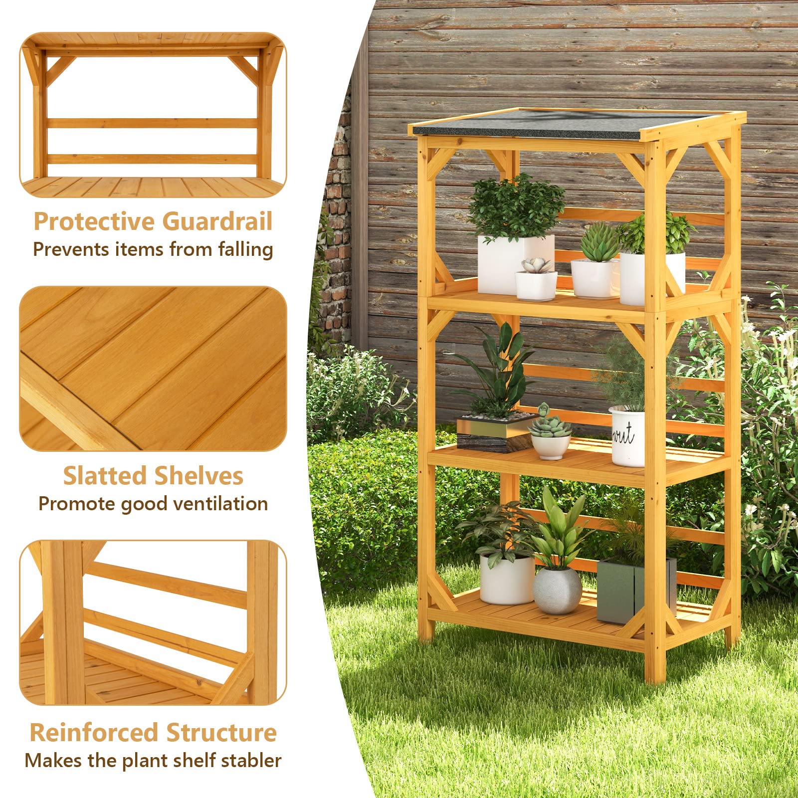 Giantex Plant Stand with Roof - 54'' Outdoor Storage Shelves, 3-Tier Wooden Plant Rack with Weatherproof Asphalt Roof 