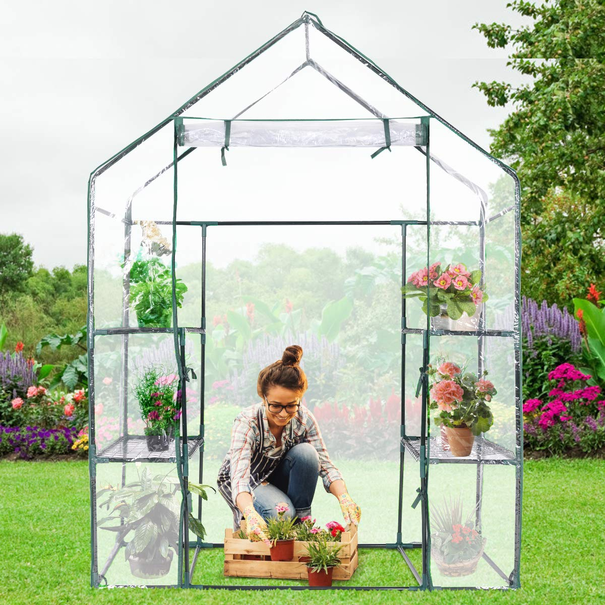 Giantex Greenhouse Outdoor Large Walk-in Plant Green House with 3 Tier Shelves for Plants 