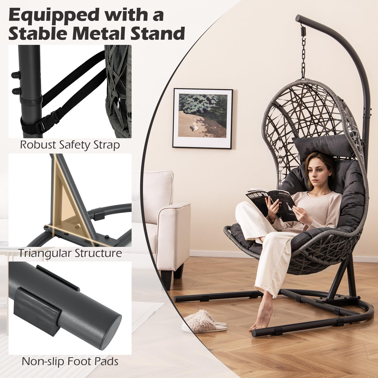 Giantex Egg Chair Outdoor Indoor - Hammock Chair with stand, Pillow, Cushion, Hanging Accessories 
