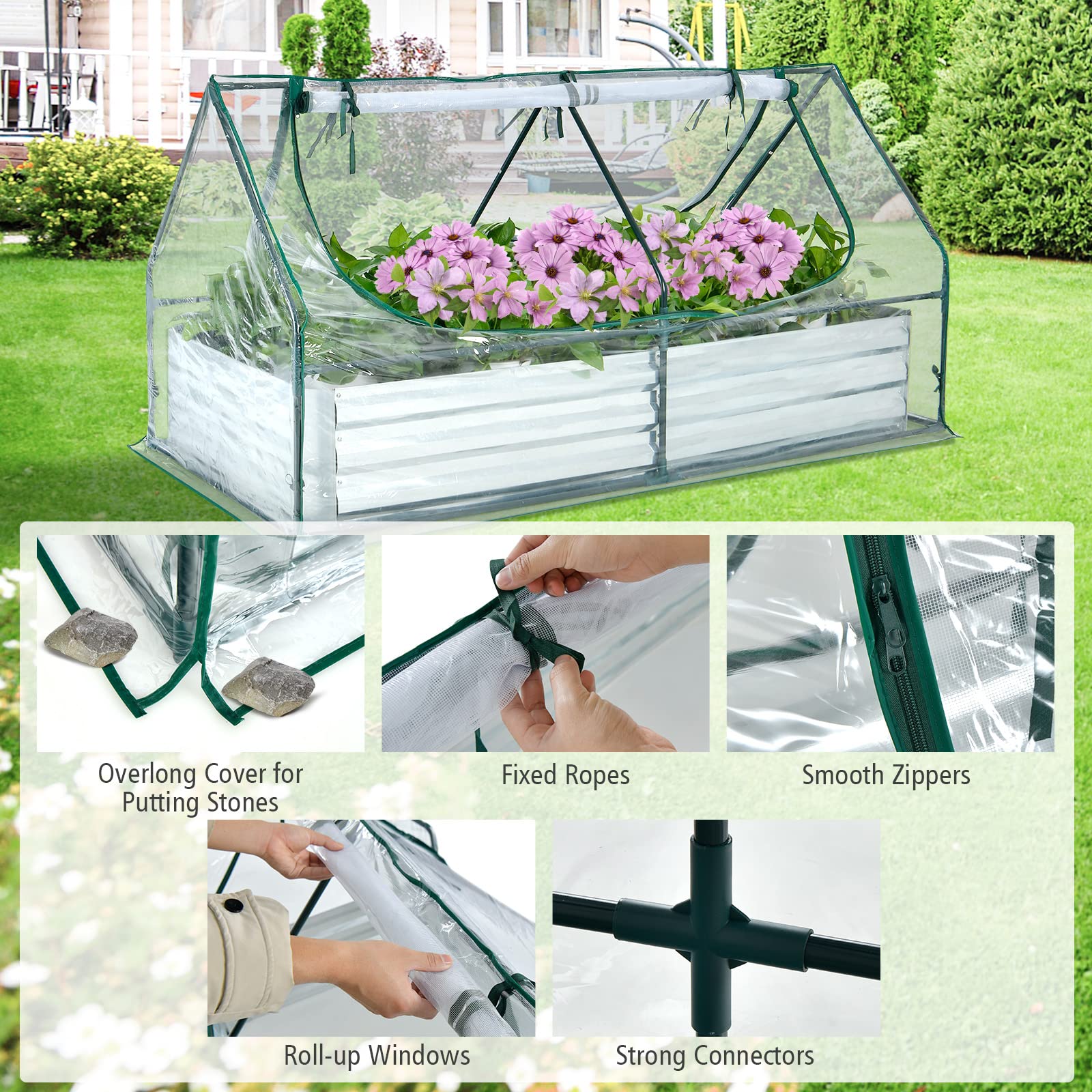 Giantex Galvanized Steel Raised Garden Bed with Mini Greenhouse, Outdoor Metal Planter Box Kit with Large Roll-up PVC Cover 