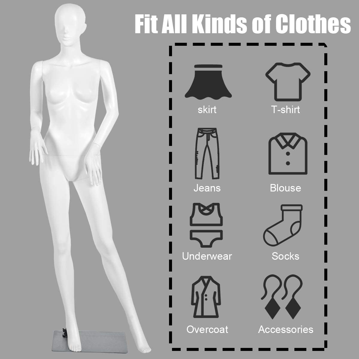 Female Mannequin Dress Form Display Manikin Torso 5.8 FT, White 