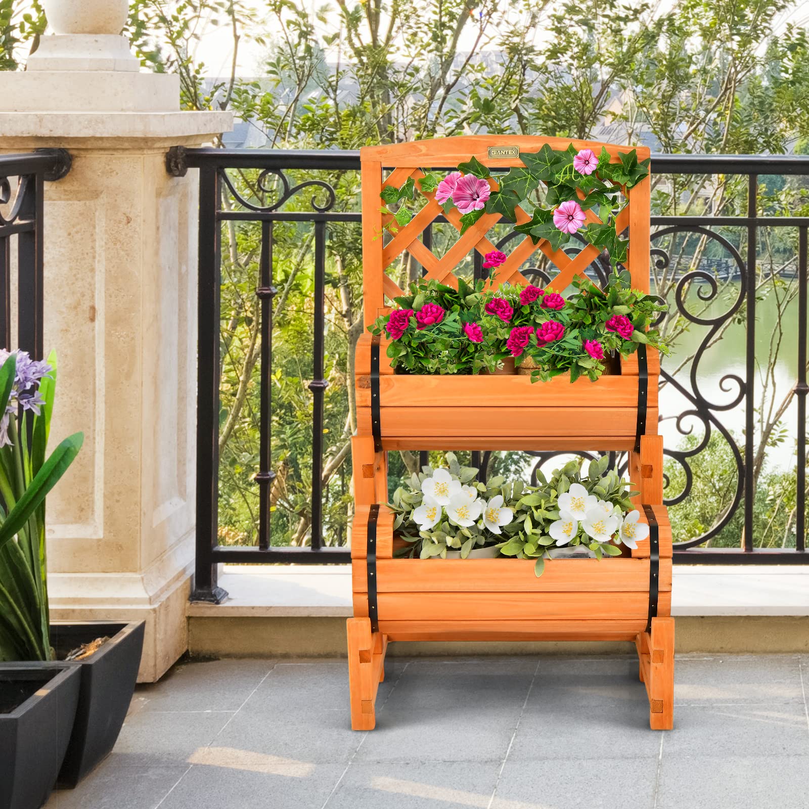Giantex Raised Garden Bed with 2 Barrel Planters & Trellis, 2-Tier Freestanding Wooden Raised Bed for Vegetable Flower Fruit 