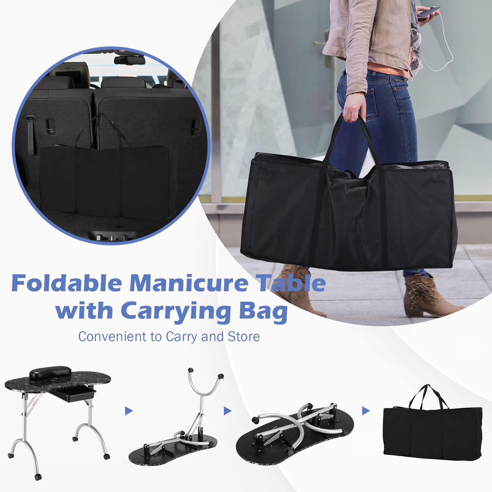 Foldable Nail Table Workstation with Lockable Wheels 