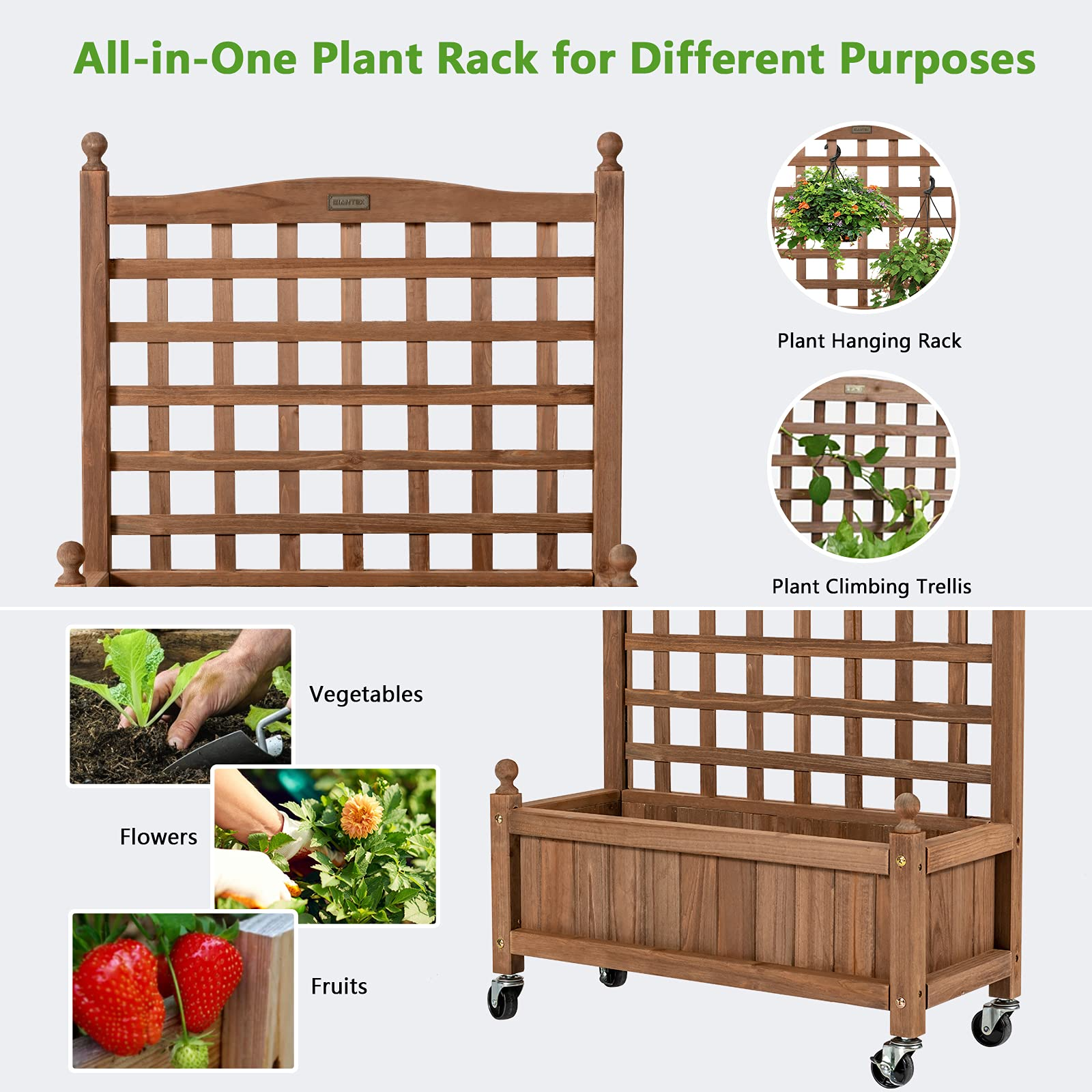 Wood Planter with Lattice Trellis and Wheels, 25'' x 11'' x 32.5'' (L x W x H) 