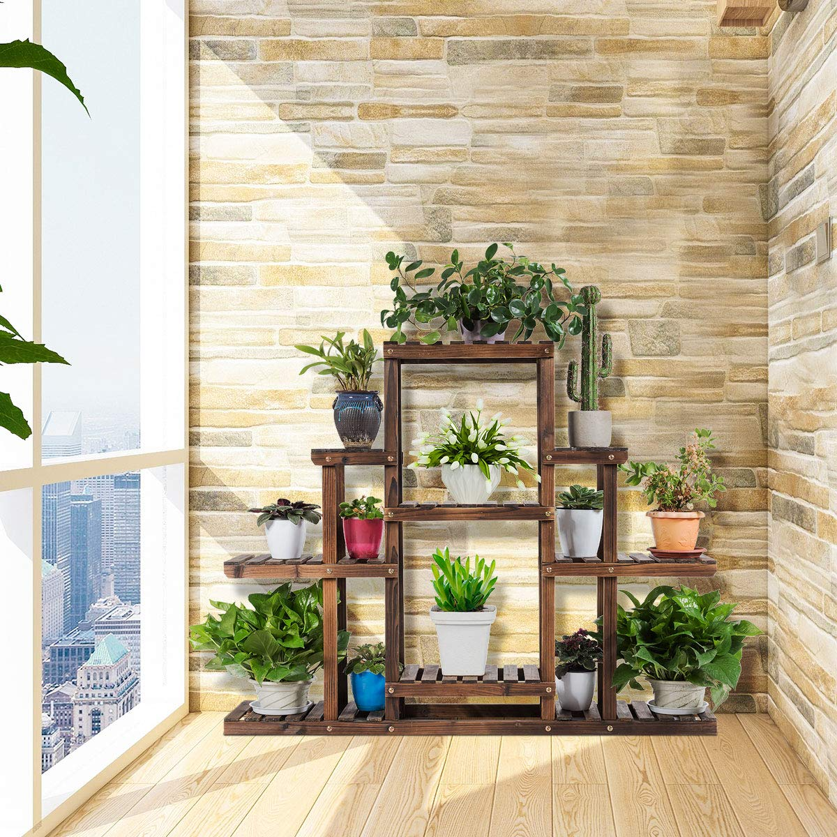 Giantex Flower Rack Wood Plant Stand Wood Shelves Bonsai Display Shelf 